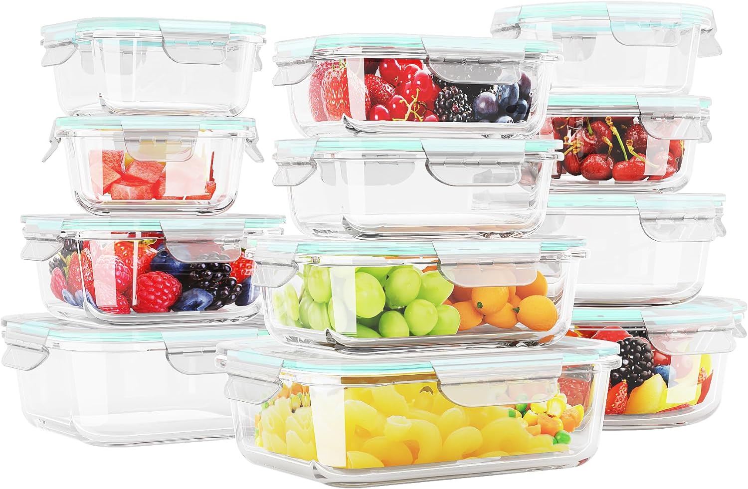 12 Sets Glass Food Storage Containers with Lids, Glass Meal Prep Containers, Airtight Glass Bento Boxes, BPA Free & Leak Proof, Pantry Kitchen Storage(12 lids & 12 Containers) - Blue