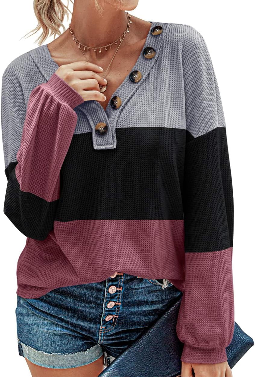 BTFBM Women Waffle Knit Shirts V-Neck Long Sleeve Casual Slouchy Loose Blouses Plain Faux Button Lightweight Pullover