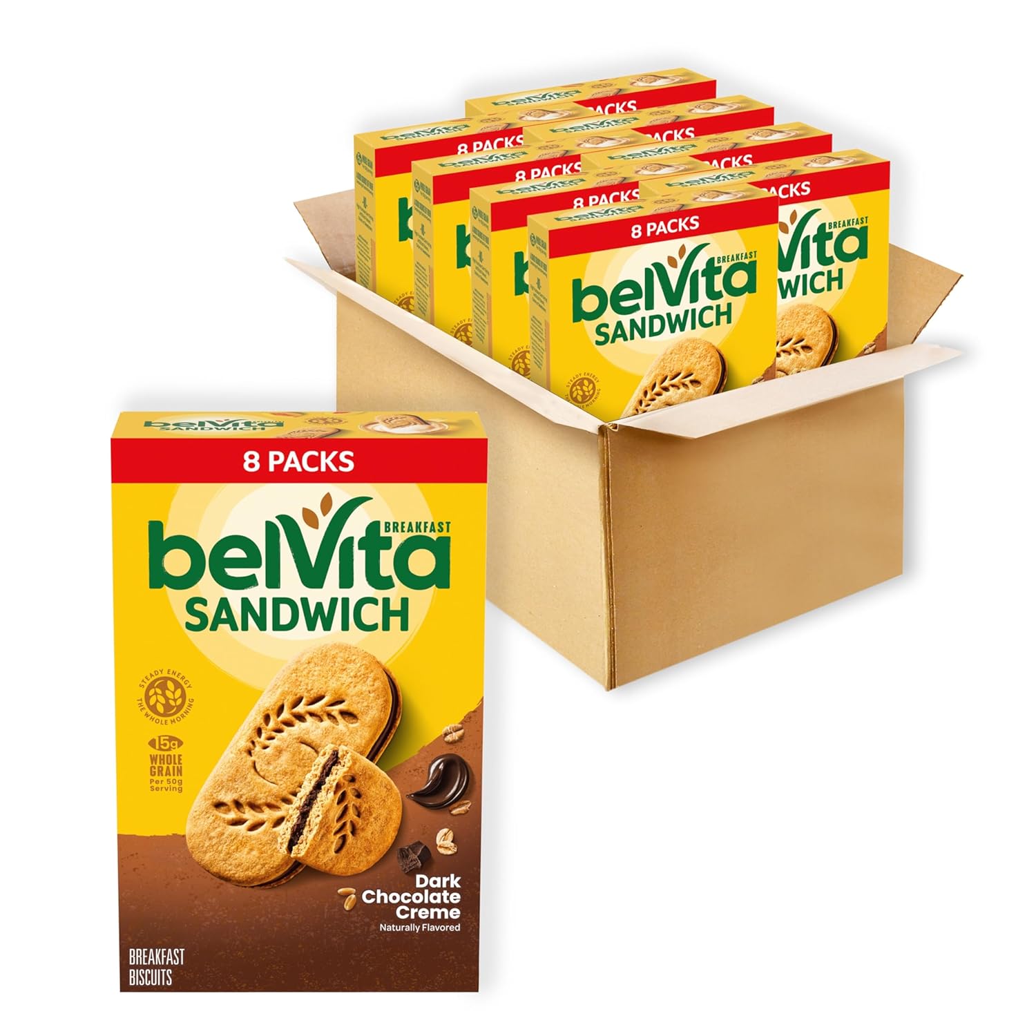 belVita Breakfast Sandwich Dark Chocolate Creme Breakfast Biscuits, 64 Total Packs, 8 Boxes (2 Sandwiches Per Pack)