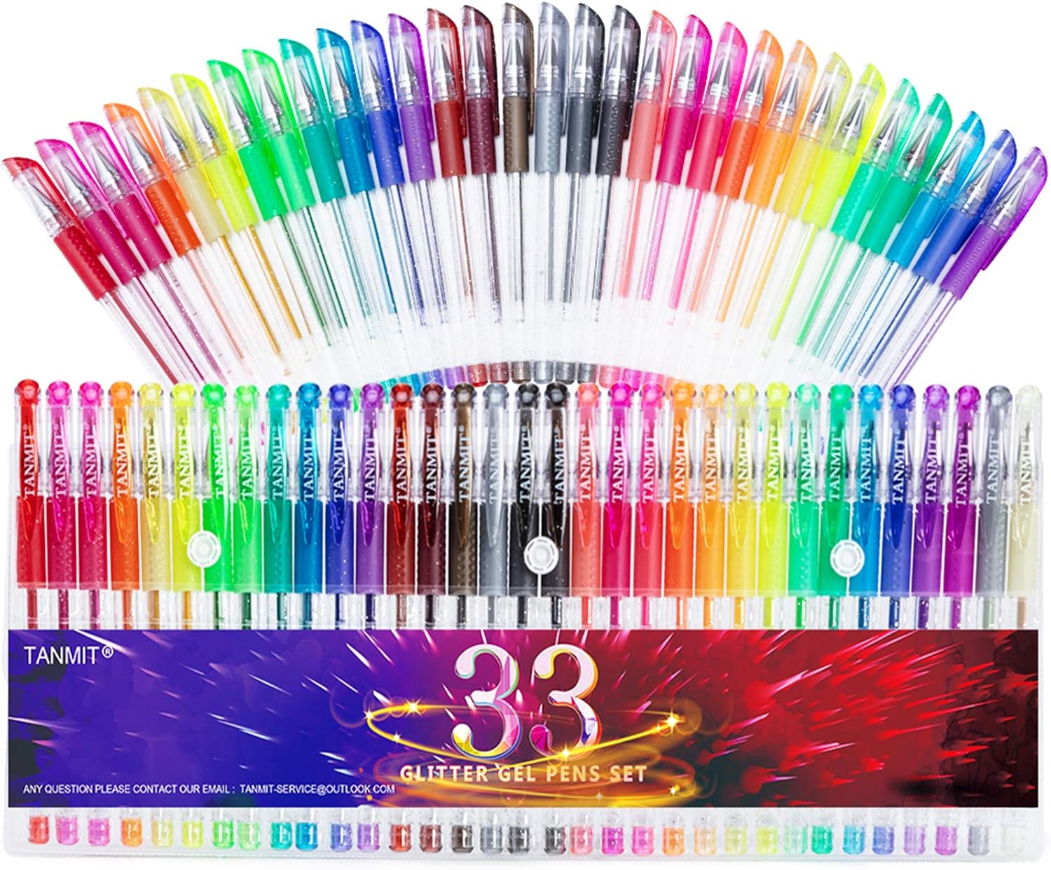 TANMIT Glitter Gel Pens, 33 Colors Neon Glitter Pens Set Gel Art Markers with 40% More Ink for Adult Coloring Books, Drawing, Journaling, Doodling