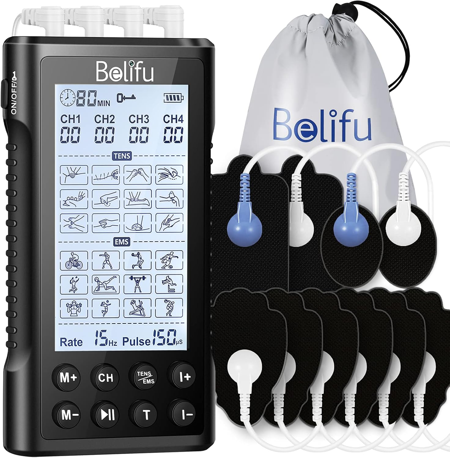 Belifu 4 Independent Channel TENS EMS Unit, 24 Modes,30 Level Intensity Muscle Stimulator Machine, Rechargeable Electric Pulse Massager with 10 Pads&5 Set Leads Wires, for Pain Relief Therapy(Black)