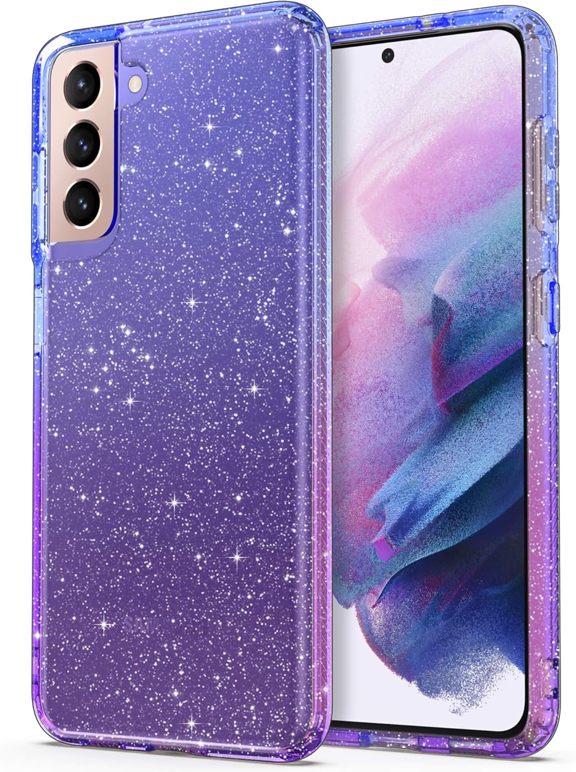 ULAK Galaxy S21 Case, Clear Glitter Case Sparkly Soft TPU Bumper Bling Cover for Women Girls Transparent Protective Phone Case for Samsung Galaxy S21 5G 6.2 inches - Blue Purple