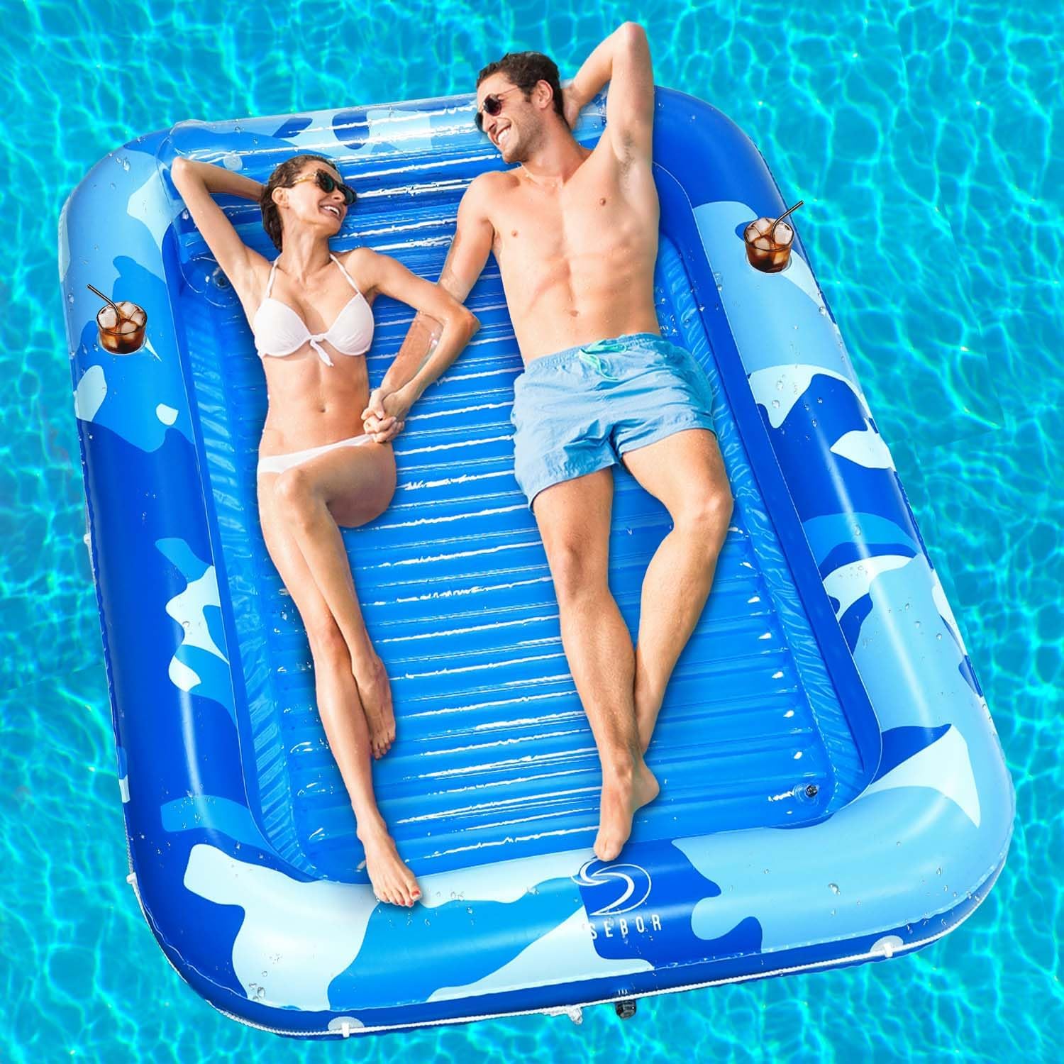 Larger Inflatable Tanning Pool Lounger Float, Heavy Duty 76 x 57 Thicken Suntan Tub Pool Floats with Removable Backrest & Cupholder, Navy Blue