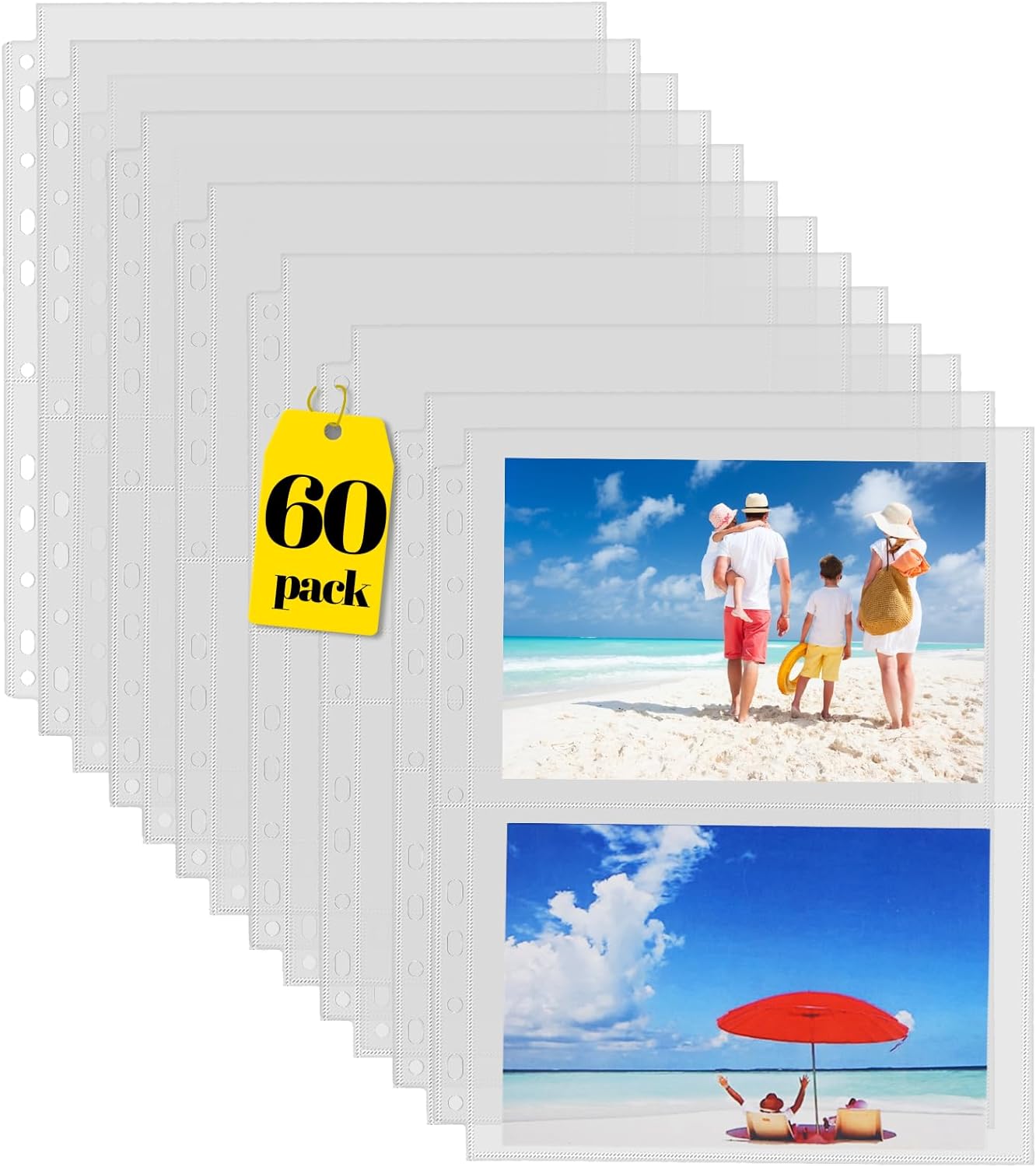 Sooez 60 Pack Heavy Duty Photos or Postcards Page Protectors, Plastic Clear Photo Holder Sleeves for 3 Ring Binder, Two 5'' x 7'' Pockets Per Page, Top Loading Perfect for Checking & Organizing