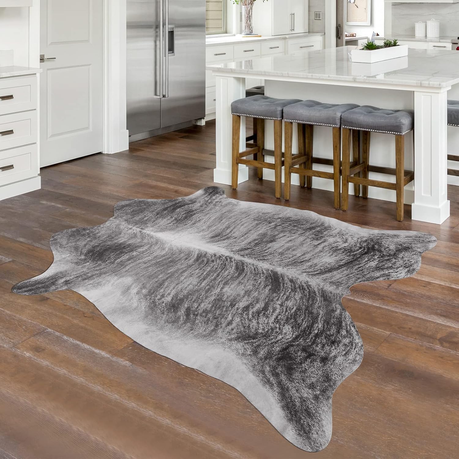 Softlife Faux Cowhide Rug, 4.6 x 5.2 Feet Cow Hides and Skins Rug for Living Room for Halloween Decor, Western Rug for Decorating Room, Cute Cow Area Rugs for Home, Faux Animal Fur Rug, Grey