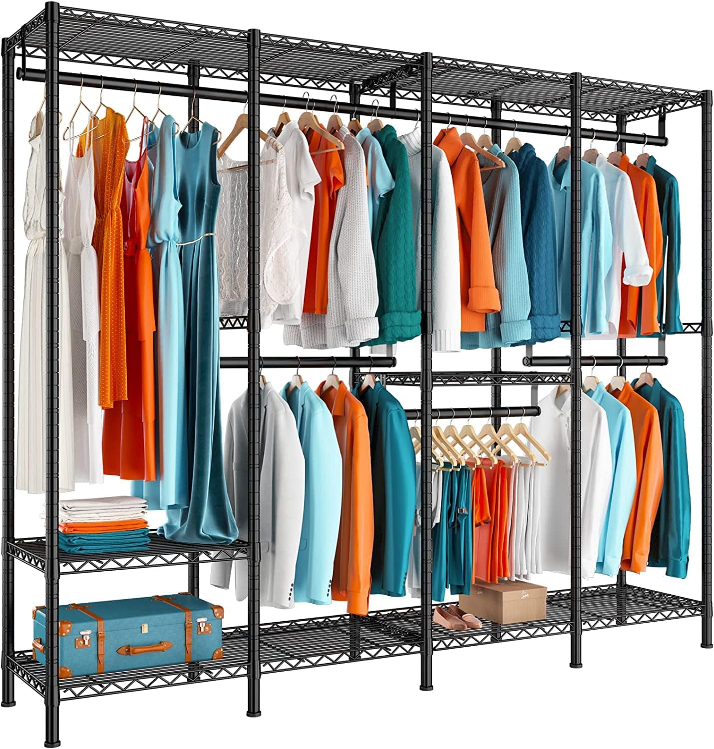 Raybee Clothing Racks for Hanging Clothes Load 985 LBS Clothes Rack with 5 Hanging Rods,6 Shelves Freestanding Wadrobe Closet Adjustable Closet Rack, Black 17.7 D x 75.8 W x 77 H