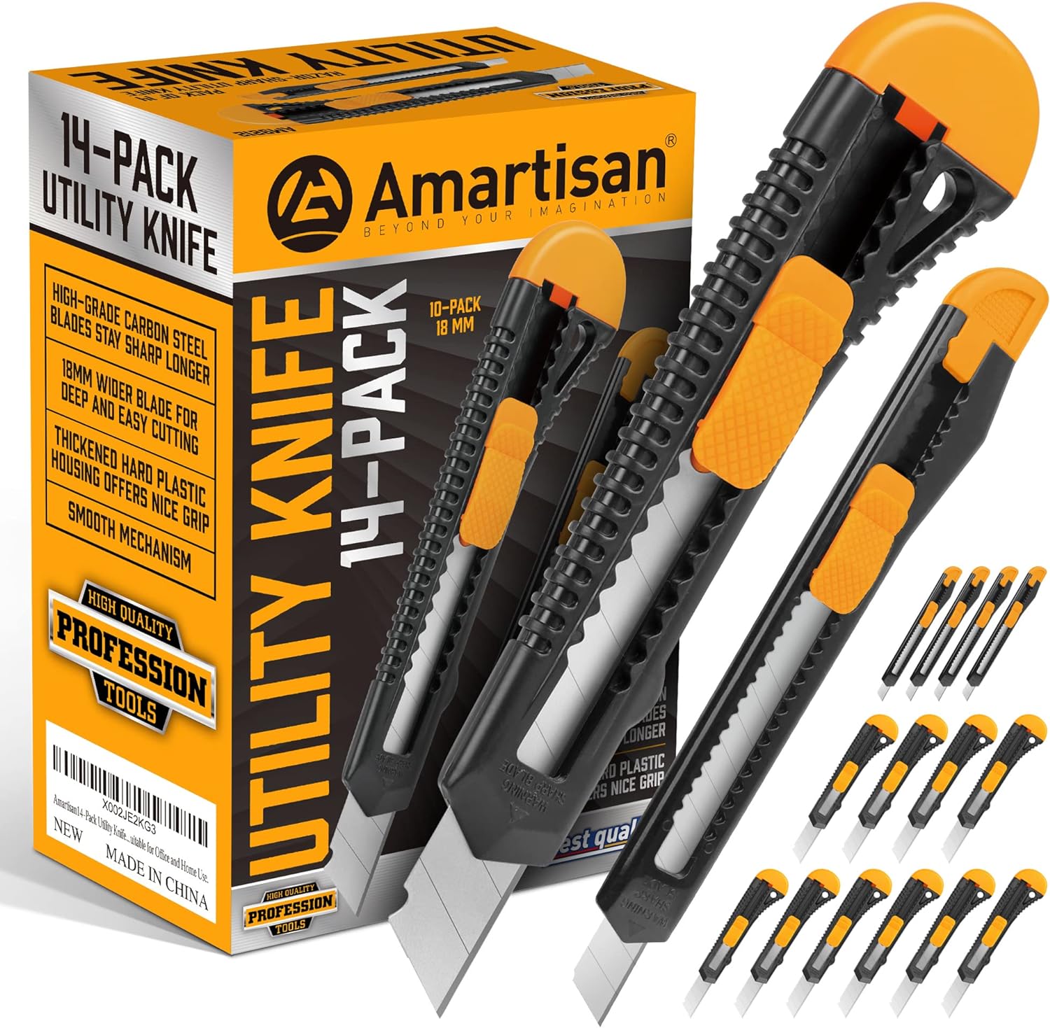 Amartisan 14-Piece Retractable Box Cutter, Utility Knifes for Boxes, Cartons, Cardboard Cutting, 18mm & 9mm Wide Blade Cutter, Very Suitable for Office and Home Use.