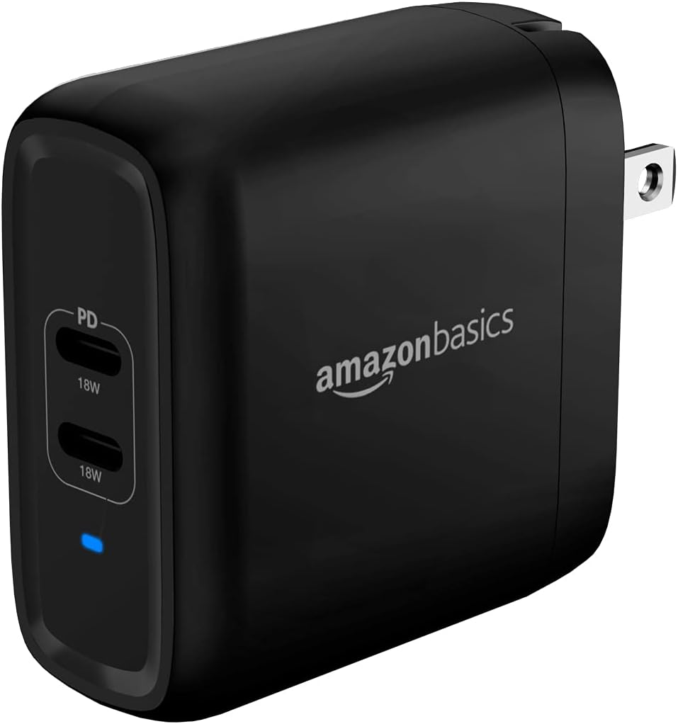 Amazon Basics 36W Two-Port USB-C Wall Charger (18W per port) with Power Delivery PD For Tablets & Phones (iPhone 15/14/13/12/11/X, iPad, Samsung, and more), non-PPS, 2.34 x 2.21 x 1.09 inches, Black