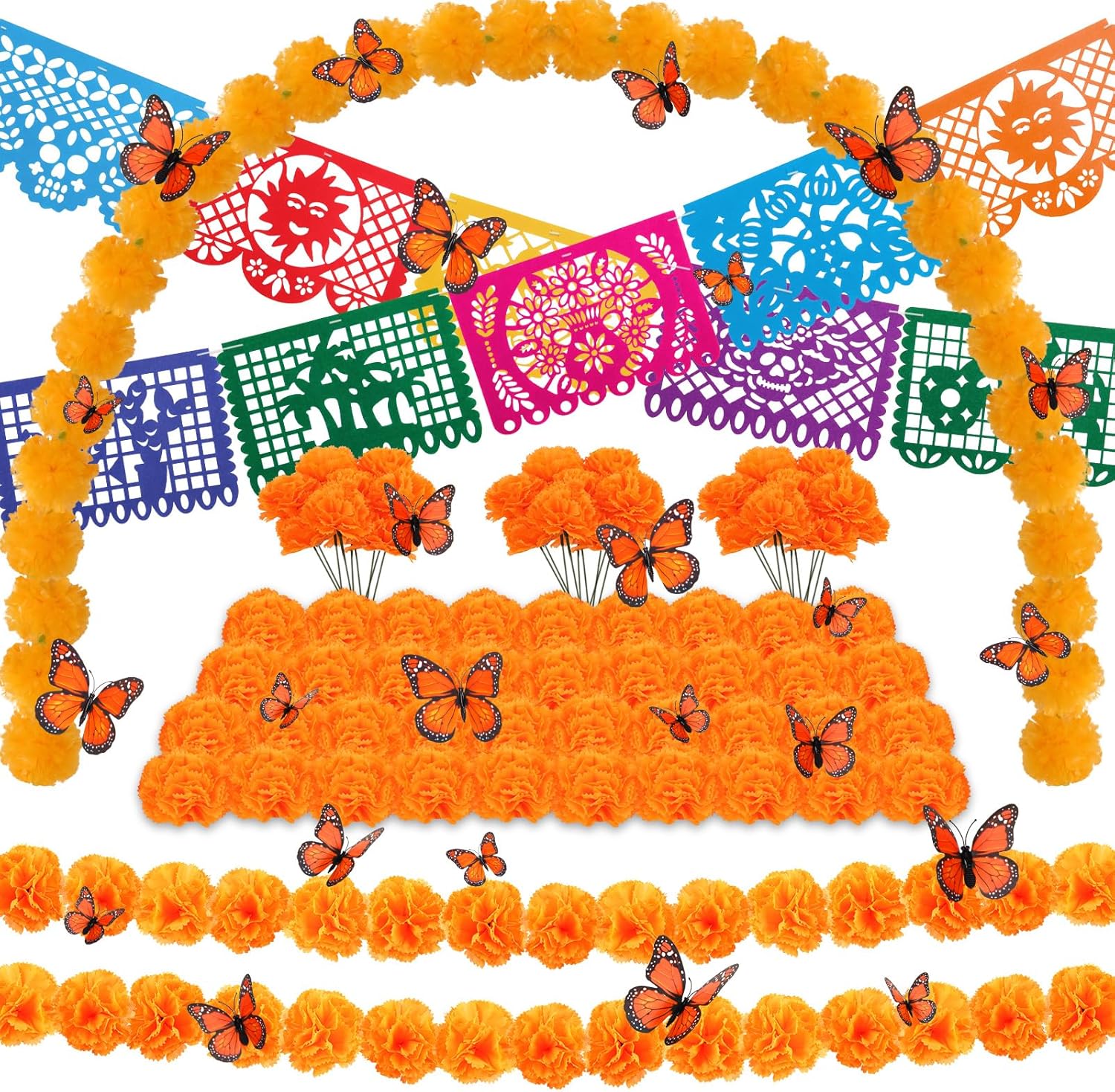 65pcs Day of The Dead Decorations Set,Include 1 Artificial Marigold Garland,30 Marigold Flowers with Stem,10 Mexican Banners Papel Picado,24 Butterfly for Dia De Los Muertos Indian Diwali Altar Decor