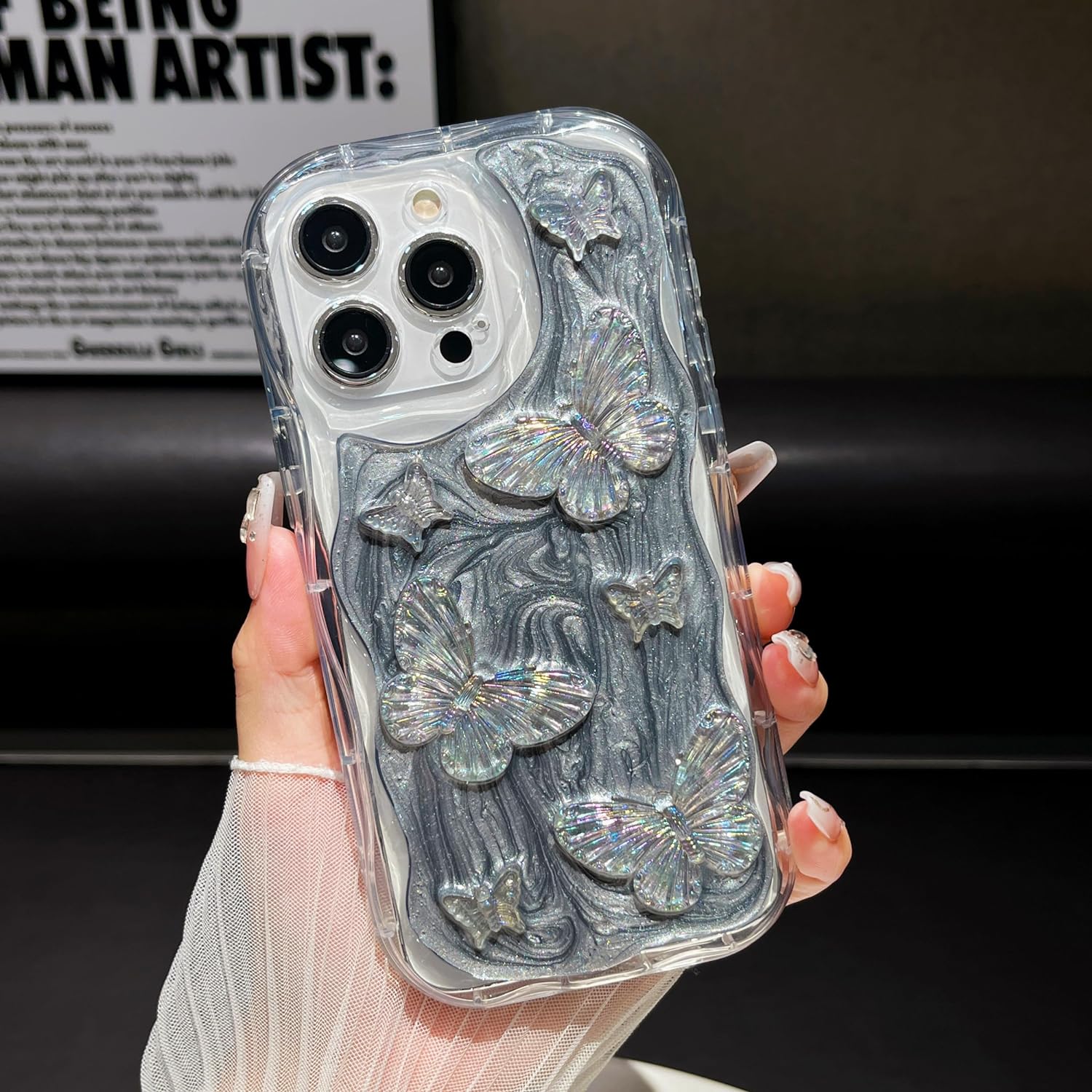 ZTOFERA Case for iPhone 14, Laser 3D Butterfly & Marble Pattern Cute Case for Girl & Women, Glitter Glossy Soft Protective Shockproof TPU Bumper Phone Cover for iPhone 14 - Silvery Grey