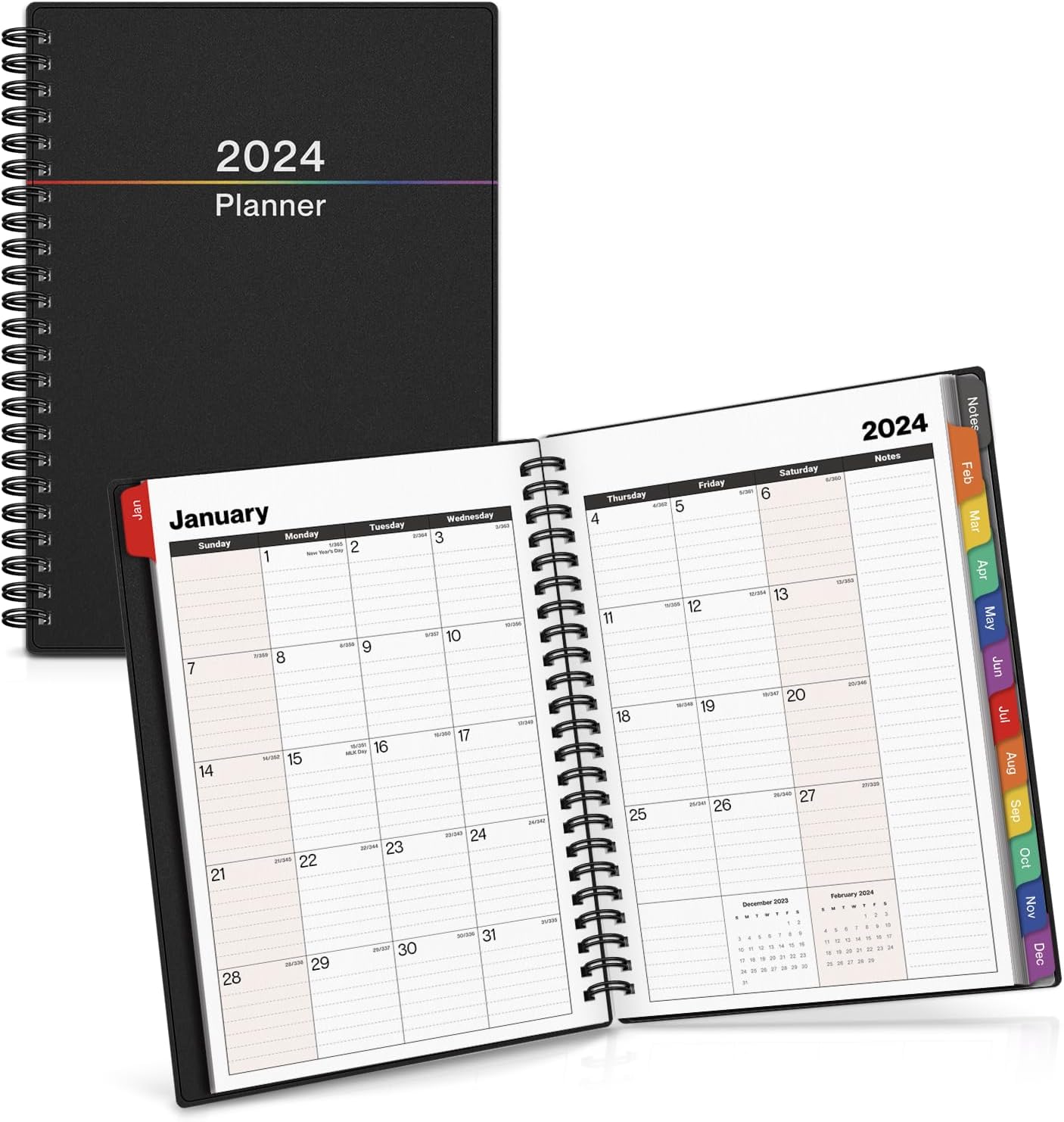 Dunwell Weekly Monthly Planner 2024 (Colorful) - 6 x 8.25 Small Planner Book, 12 Months Spiral Bound Planner Calendar with Monthly Tabs, Bookmark, 6 x 8 Daily Scheduler Book