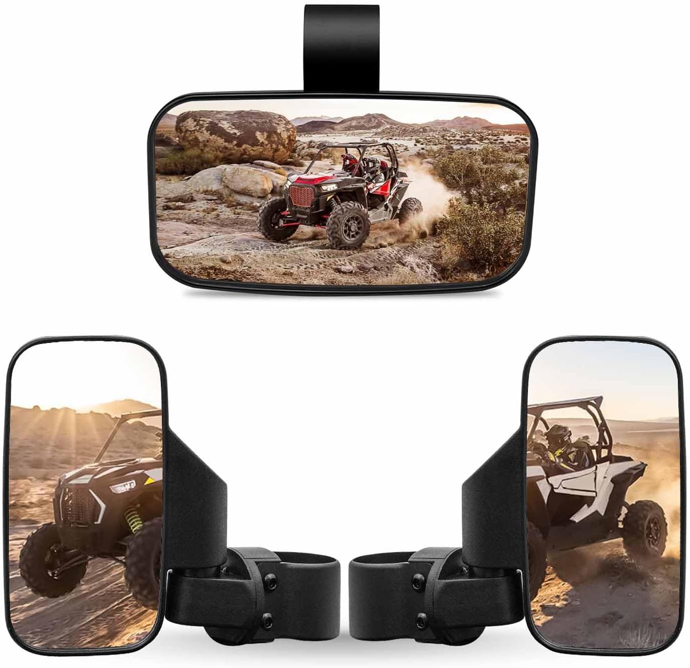 RANSOTO UTV Side Mirror And Center Mirror Set 1.6 to 2 Bar Compatible with Polaris RZR Ranger Can-Am Maverick Yamaha Rhino Kawasaki Honda Pioneer Talon Arctic Cat Adjustable Rear view Mirror