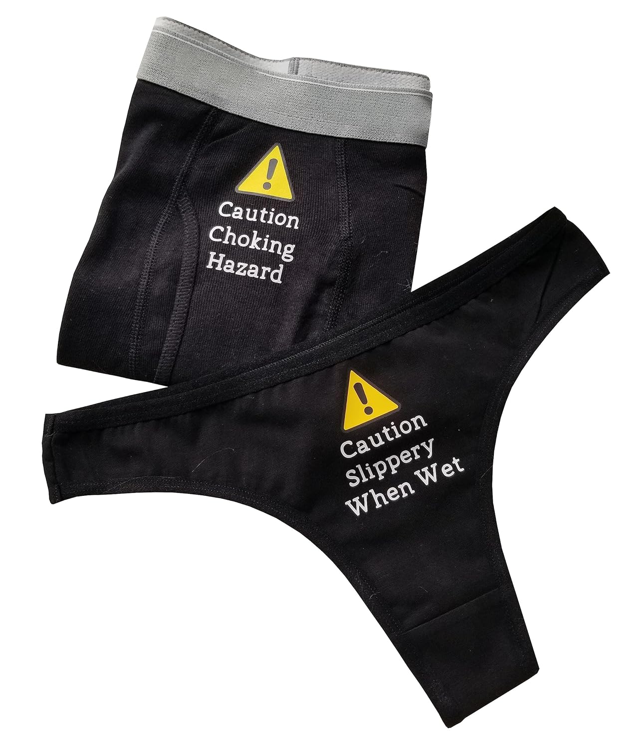 Matching Couples Underwear, Caution Slippery When Wet, Caution Choking Hazard, His and Hers, Couples Gift (M, Thong, Black)