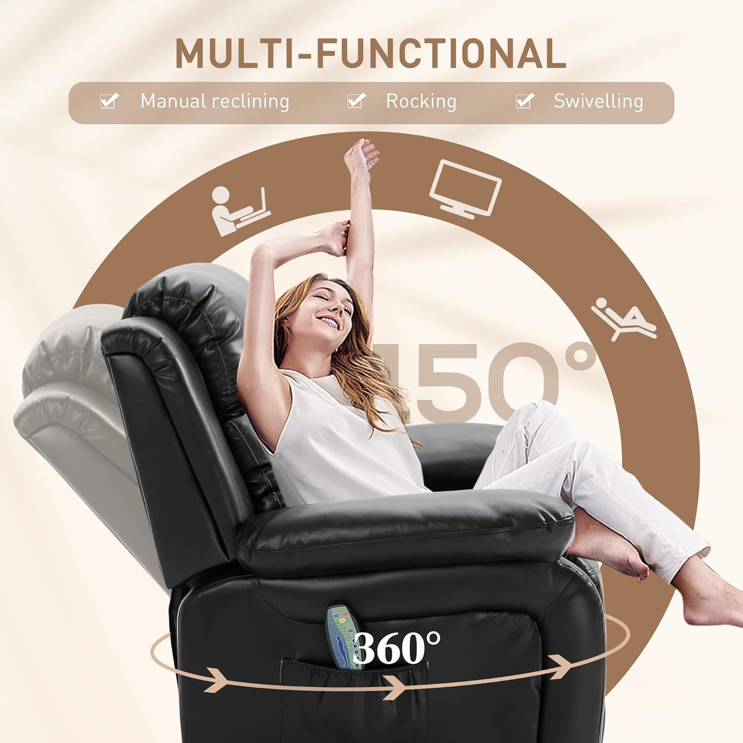 HOMCOM PU Leather Massage Recliner Chair, Swivel Rocker Sofa with Remote Control, Footrest, Padded Seat for Living Room, Bedroom, Black