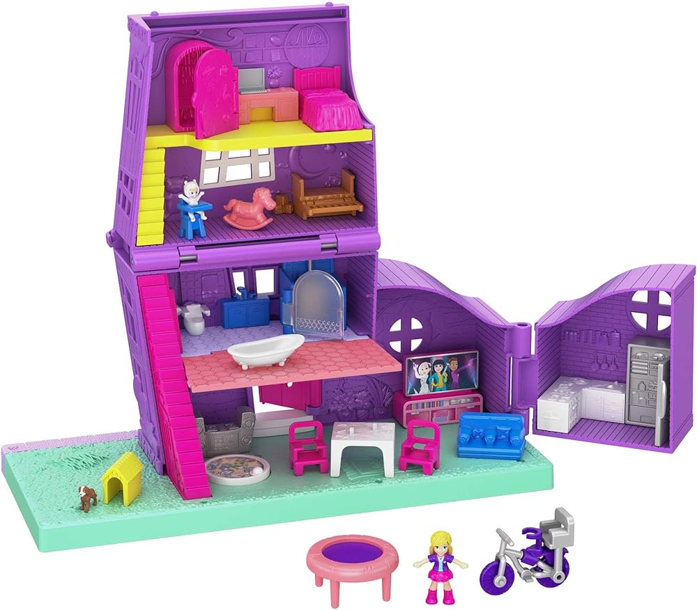 Polly Pocket Doll House with Micro Doll, Toy Bike & Furniture Accessories, Transforming Pollyville Pocket House Playset