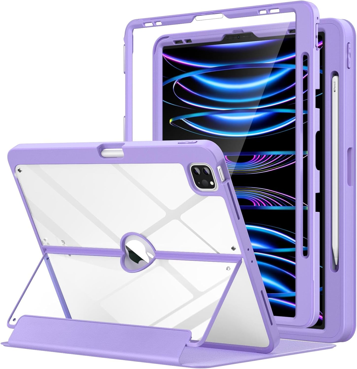 MoKo Case for iPad Pro 12.9 6th/5th/4th/3rd Generation 2022/2021/2020/2018 with Pencil Holder, iPad Pro 12.9 Case with Screen Protector Clear Back, Multi Angle Stand, Auto Wake/Sleep, Purple