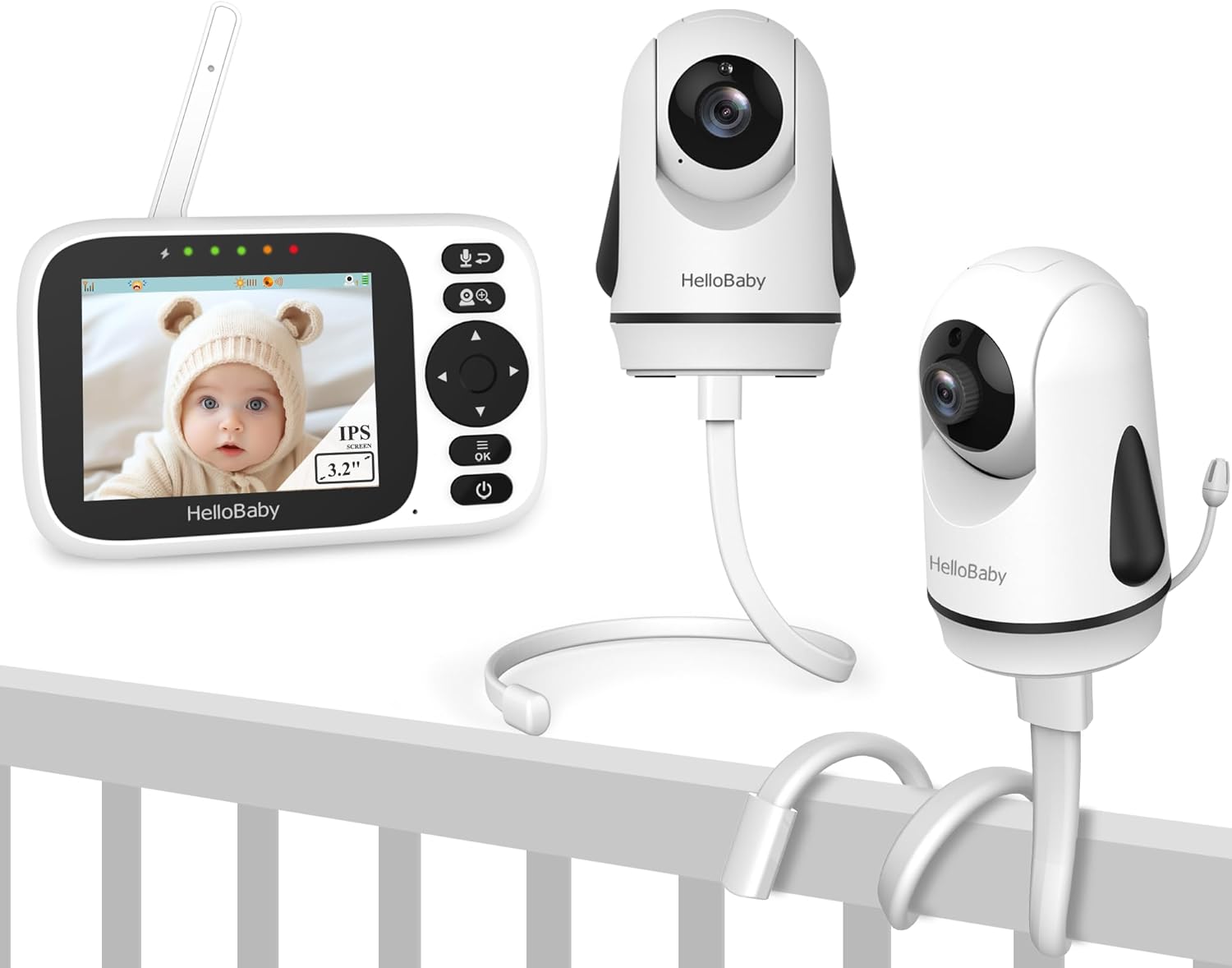 HelloBaby HB6339 Baby Monitor with 2 Cameras+2 Monitor Mounts,3.2 Inch IPS Screen Video Baby Monitor with Remote Pan-Tilt-Zoom Camera,1000ft Range No WiFi, Night Vision, 2-Way Talk,8 Lullabies