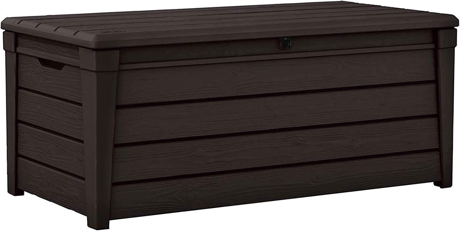 Keter Brightwood 120 Gallon Weatherproof Backyard Deck Box Outdoor Patio Furniture, Lockable Patio Storage Container & Pool Accessory Organizer, Brown