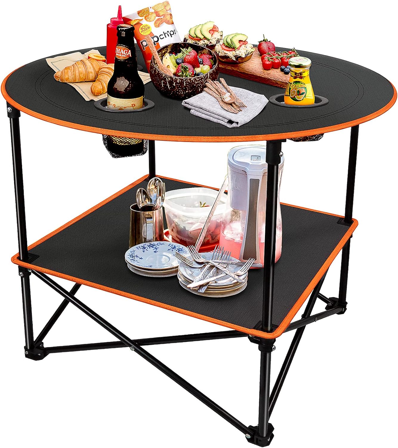 Portable Picnic Table Folding Camping Table Outdoor Lightweight Folding Table with 4 Cup Holders and Carry Bag Perfect for Picnic, Camping, Fishing and Beach Party (Orange)