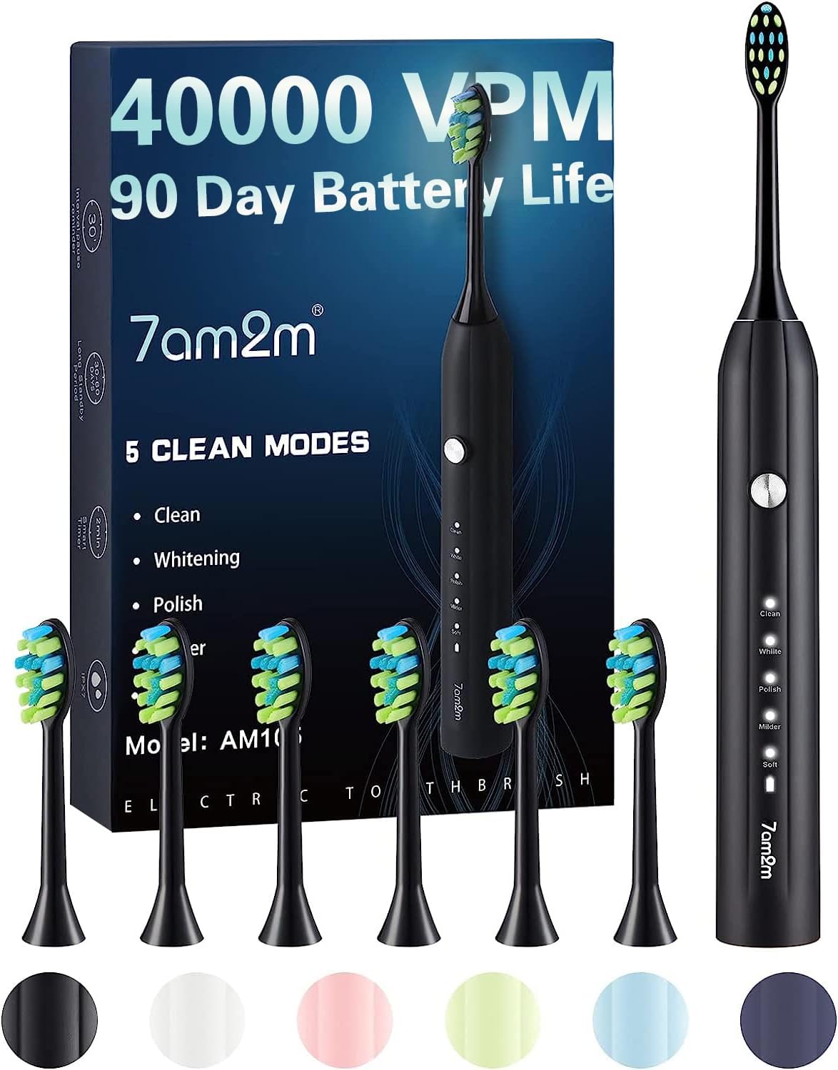 7AM2M Sonic Electric Toothbrush, Soft Toothbrushes for Adults and Kids with 6 Brush Heads, One Charge Use for 90 Days, 5 Modes with 2 Minutes Build in Smart Timer, Rechargeable Toothbrushes(Black)