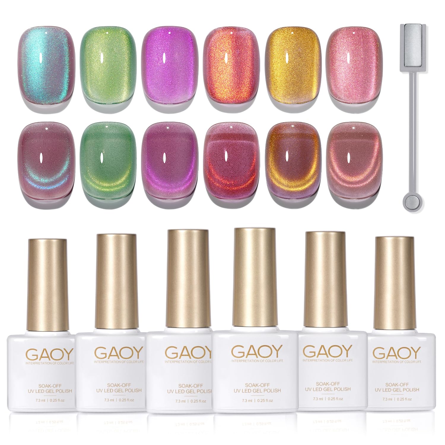 GAOY Cat Eye Gel Nail Polish Set with Magnet for Pink Green Glitter Holographic Cat Eye, Salon Gel Manicure and Nail Art DIY at Home, Brilliant Fireworks