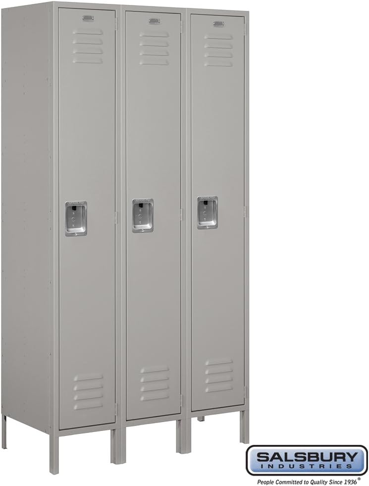 Salsbury Industries 51368GY-U Extra Wide Standard Metal Locker Single Tier 3 Wide 6 Feet High 18-Inch Deep Gray Unassembled Gray