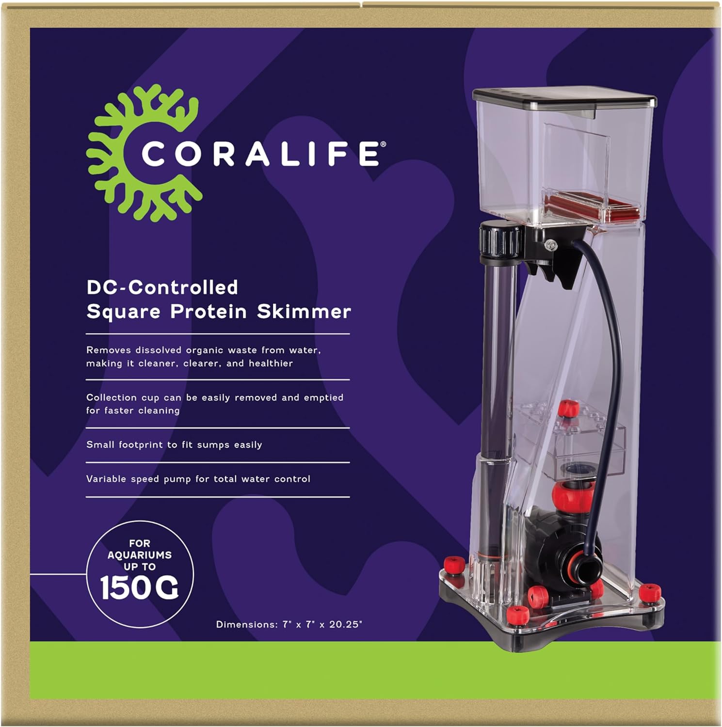 Coralife Aquarium Fish Tank Marine Salt Water DC-Controlled Variable Speed Square Protein Skimmer, Up To 150 Gallons