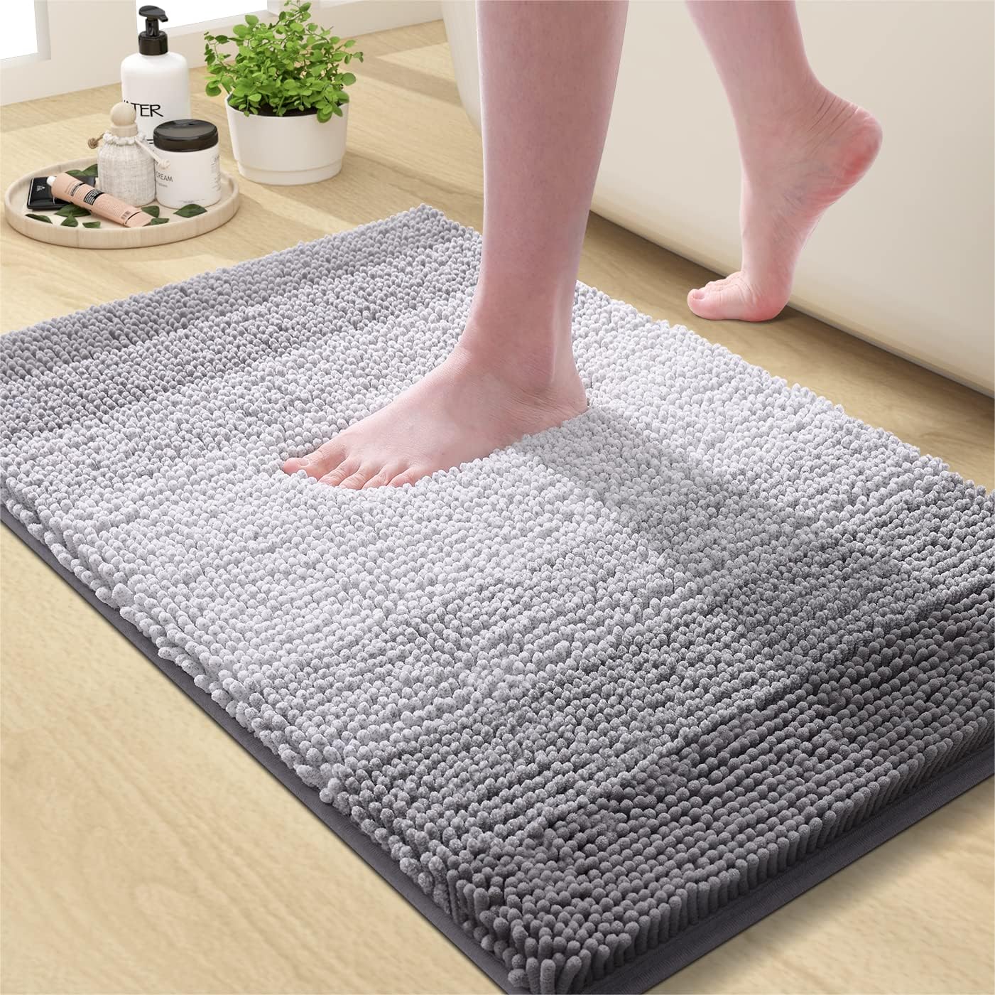 OLANLY Bathroom Rug, Extra Soft Chenille Thick Absorbent Shaggy Mat, Non-Slip Machine Wash Dry Plush Bath Mats for Bathroom, Tub and Shower (24 x 16 Inch, Grey)