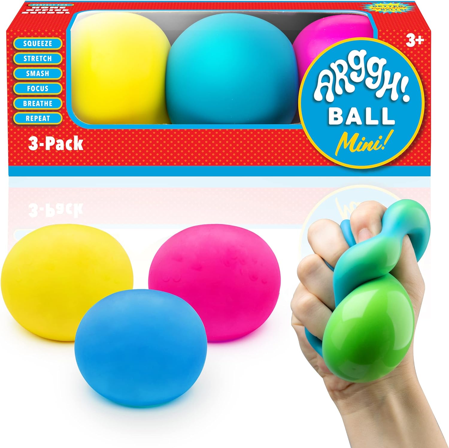 Power Your Fun Arggh Mini Stress Balls for Adults and Kids - 3pk Squishy Stress Balls, Color Changing Resistance Fidget Toys Sensory Stress Anxiety Relief Squeeze Toys Squishy Toy (Yellow, Pink, Blue)