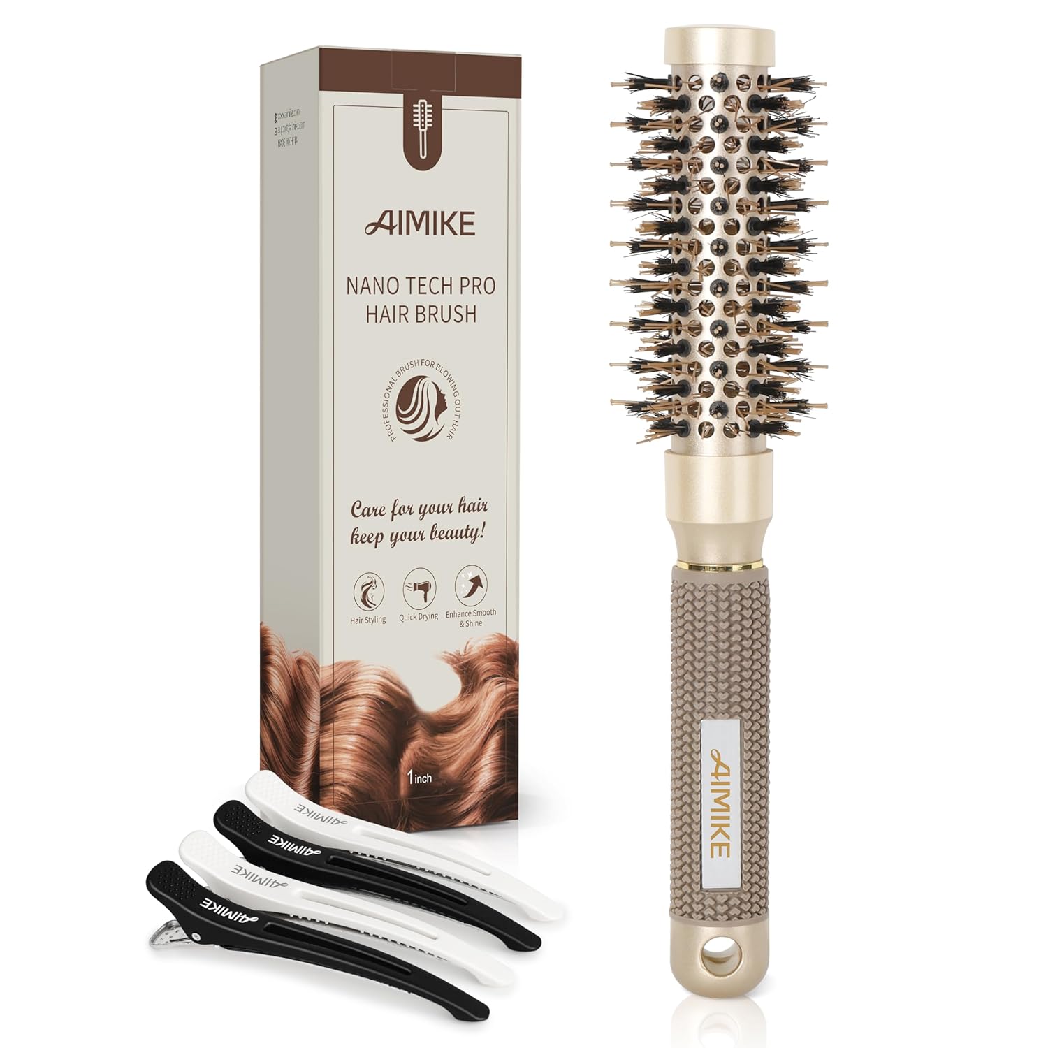 AIMIKE Round Brush, Nano Thermal Ceramic & Ionic Tech Hair Brush, Small Round Barrel Brush with Boar Bristles for Blow Drying, Styling, Curling and Shine (2 inch, Barrel 1 inch) + 4 Clips