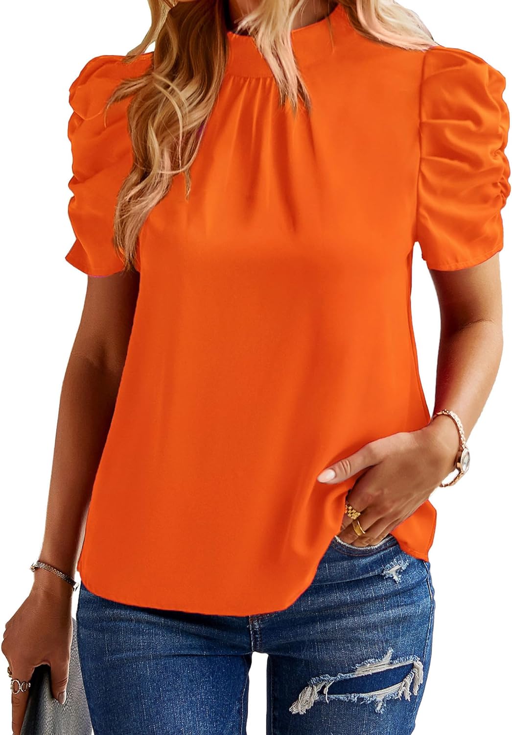 BTFBM Women' Summer Boho Shirt Top Ruffle Short Sleeve Frill Trim Mock Neck Floral Solid 2024 Casual Blouses Shirts Tops