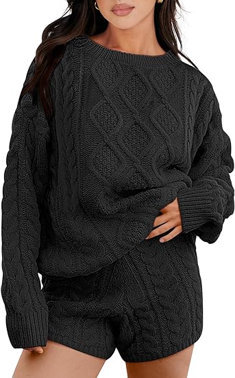 ANRABESS Womens 2 Piece Outfits Long Sleeve Cable Knit Chunky Oversized Pullover Sweaters Fall Lounge Loungewear Sets