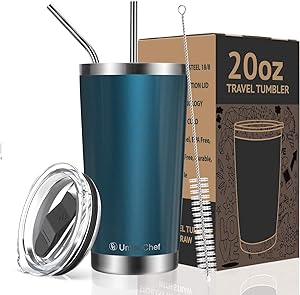 Umite Chef 20oz Tumbler Double Wall Stainless Steel Vacuum Insulated Travel Mug with Lid, Insulated Coffee Cup, 2 Straws, for Home, Outdoor, Office, School, Ice Drink, Hot Beverage 20 oz, Blue Green)