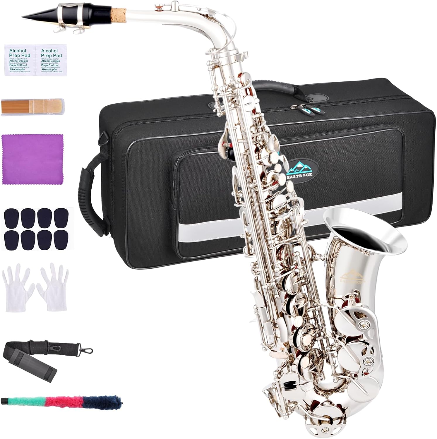 EASTROCK Alto Saxophone Nickel E Flat Sax Full Kit for Students Beginner with Carrying Case,Mouthpiece,Mouthpiece Cushion Pads,Cleaning Cloth&Cleaning Rod,White Gloves,Neck Strap