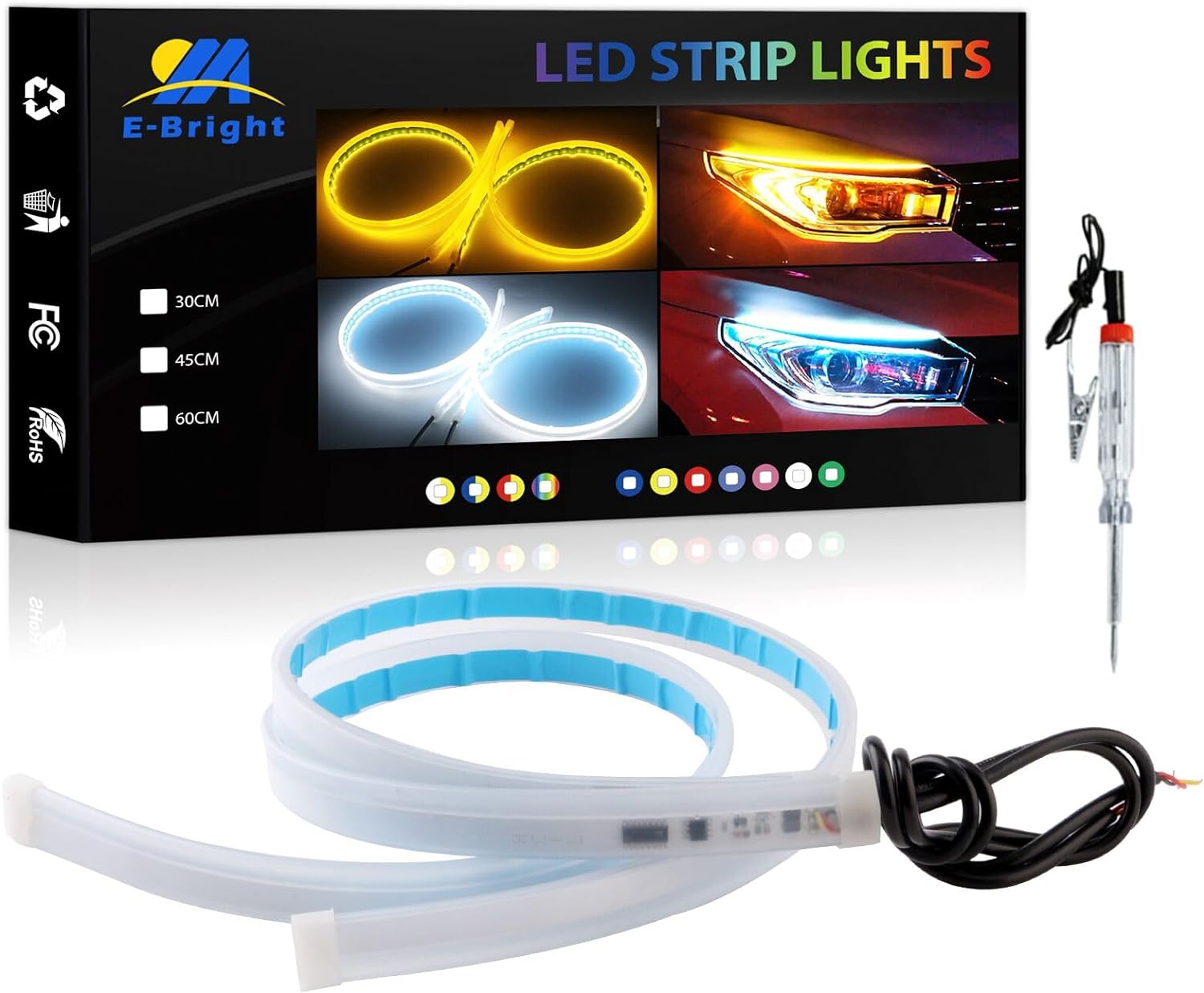 EverBright Led Strip Lights for Cars, SUV, Motorcycle Daytime Running Lights Turn Signal Bulb DRL Sequential Switchback Led Strip Amber/Yellow & White (2Pcs 60CM/24 Inch)