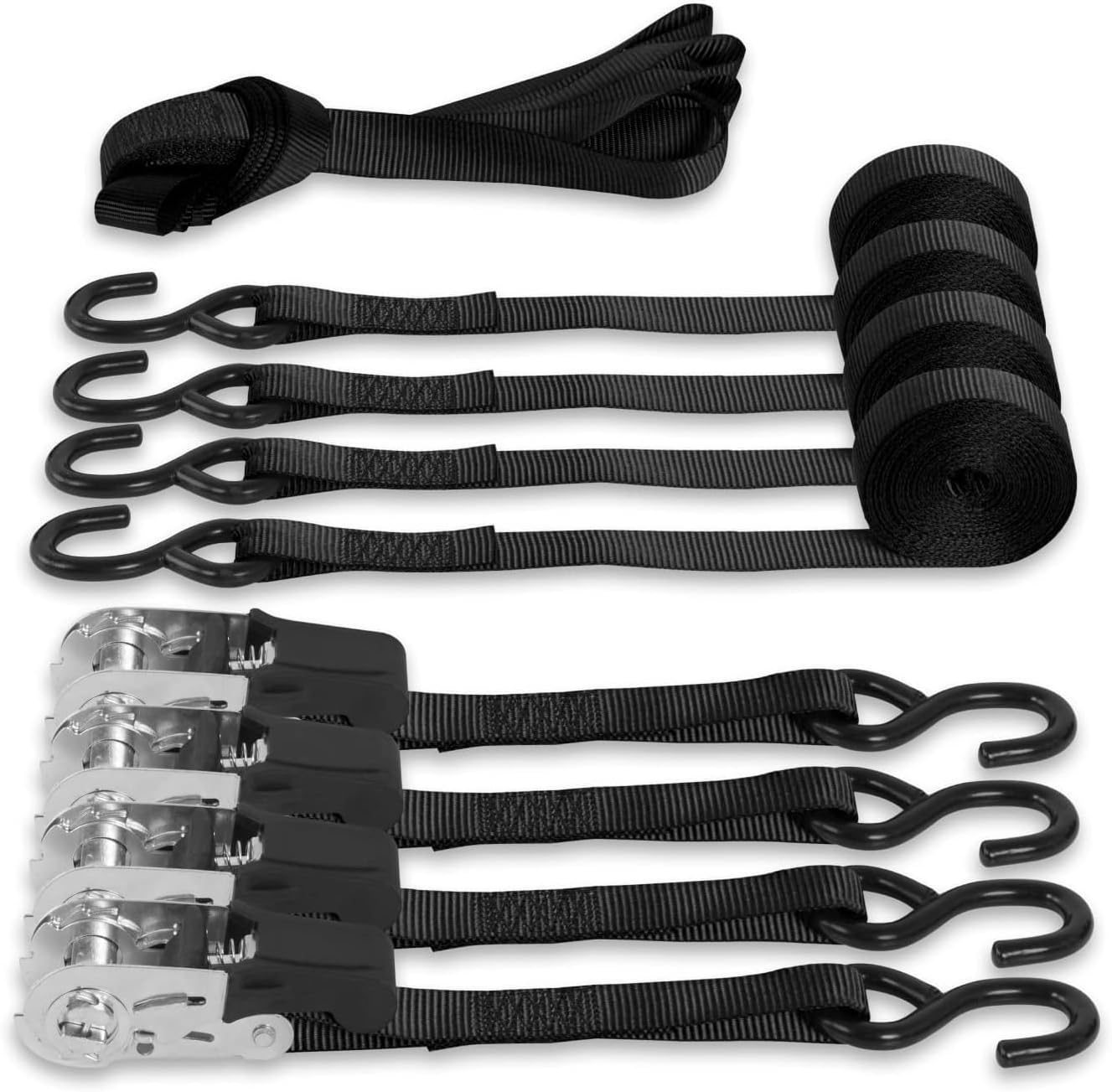 Jack Boss Ratchet Tie Down Straps Set,1500 lbs Break Strength, 1 x 15' Heavy Duty Ratchet Straps with 4X Soft Loops Padded Handles Coated S Hook, Fits for Moving Appliances Motorcycle ATV Truck,Black