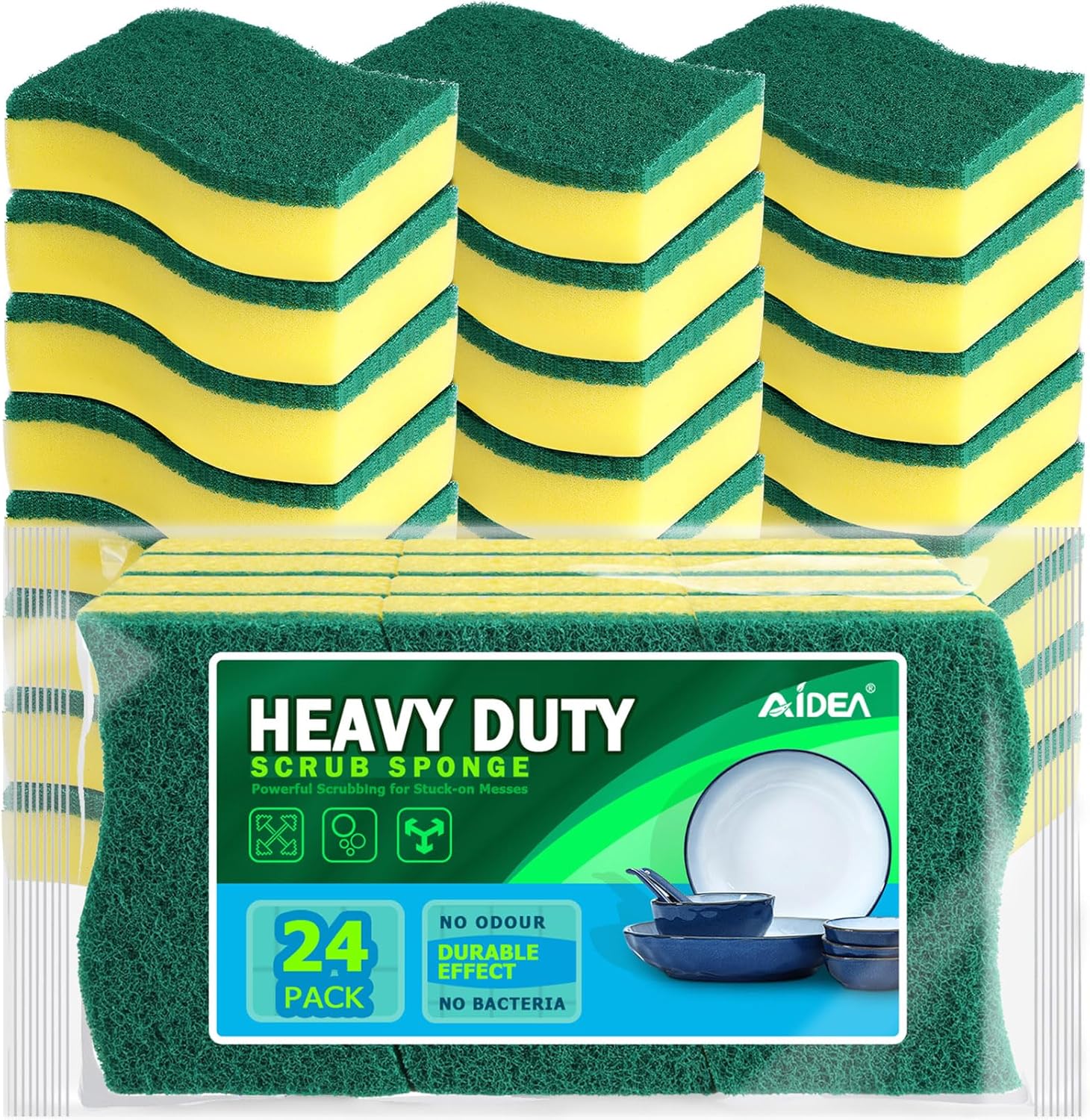 AIDEA Heavy Duty Scrub Sponge-24Count, Cleaning Scrub Sponge, Stink-Free Sponge, Effortless Cleaning Eco Scrub Pads for Dishes,Pots,Pans All at Once