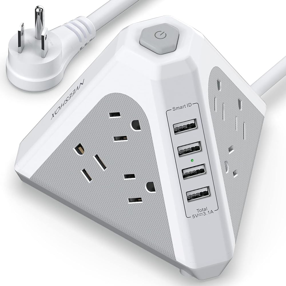 NVEESHOX Power Strip Tower Surge Protector-9 Multiple Outlets 4 USB Charging Ports,3-Side Triangle Outlet Extender Strip with 6.5Ft Long Extension Cord, Flat Plug, Overload Protect for Office Traving