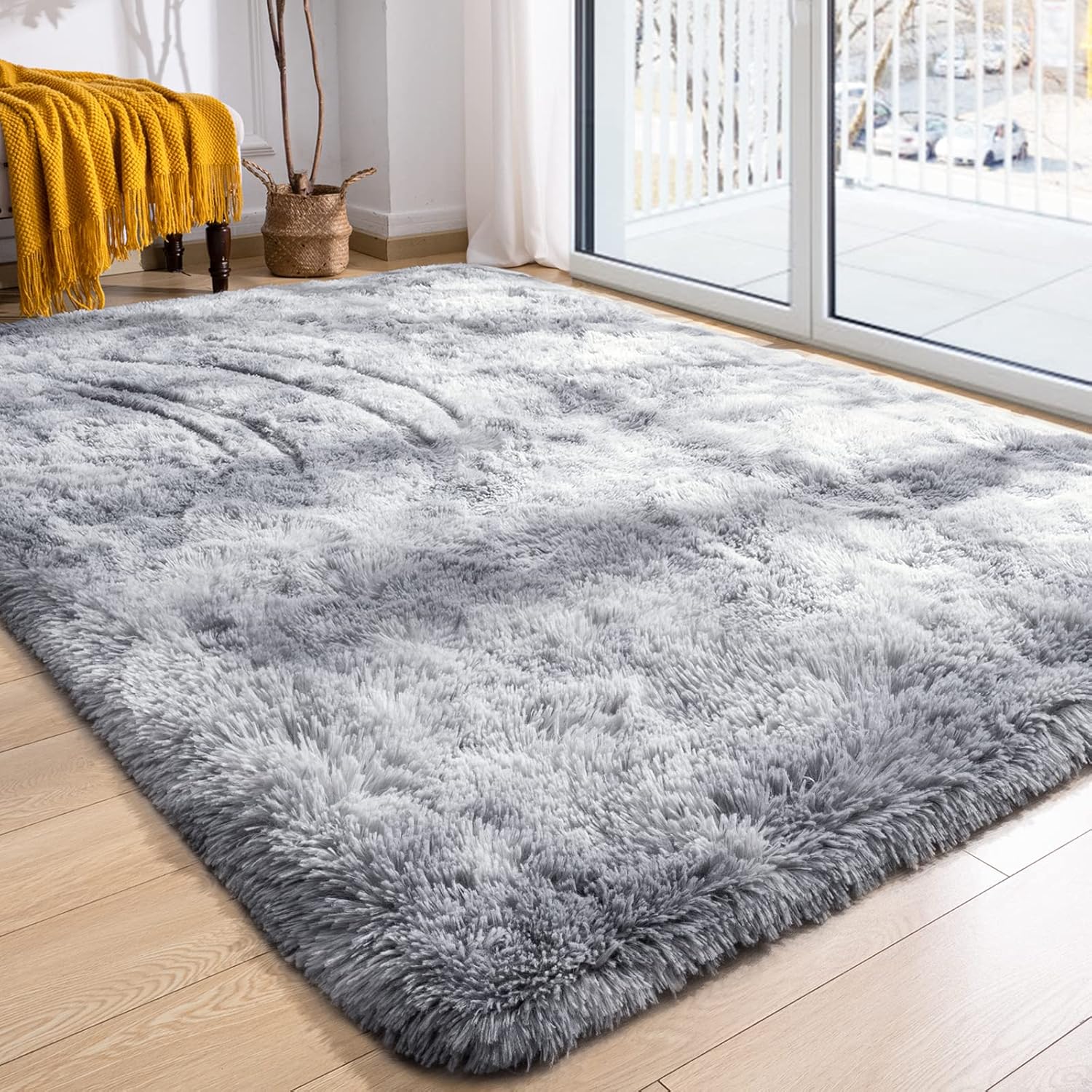 Softlife Area Rug for Bedroom, 4x6 Feet Plush Fluffy Rug for Living Room, Tie-Dyed Grey Furry Shag Rug for Aesthetic Christmas Room Decor, Soft Modern Fuzzy Faux Fur Carpet for Kids Nursery Room Dorm