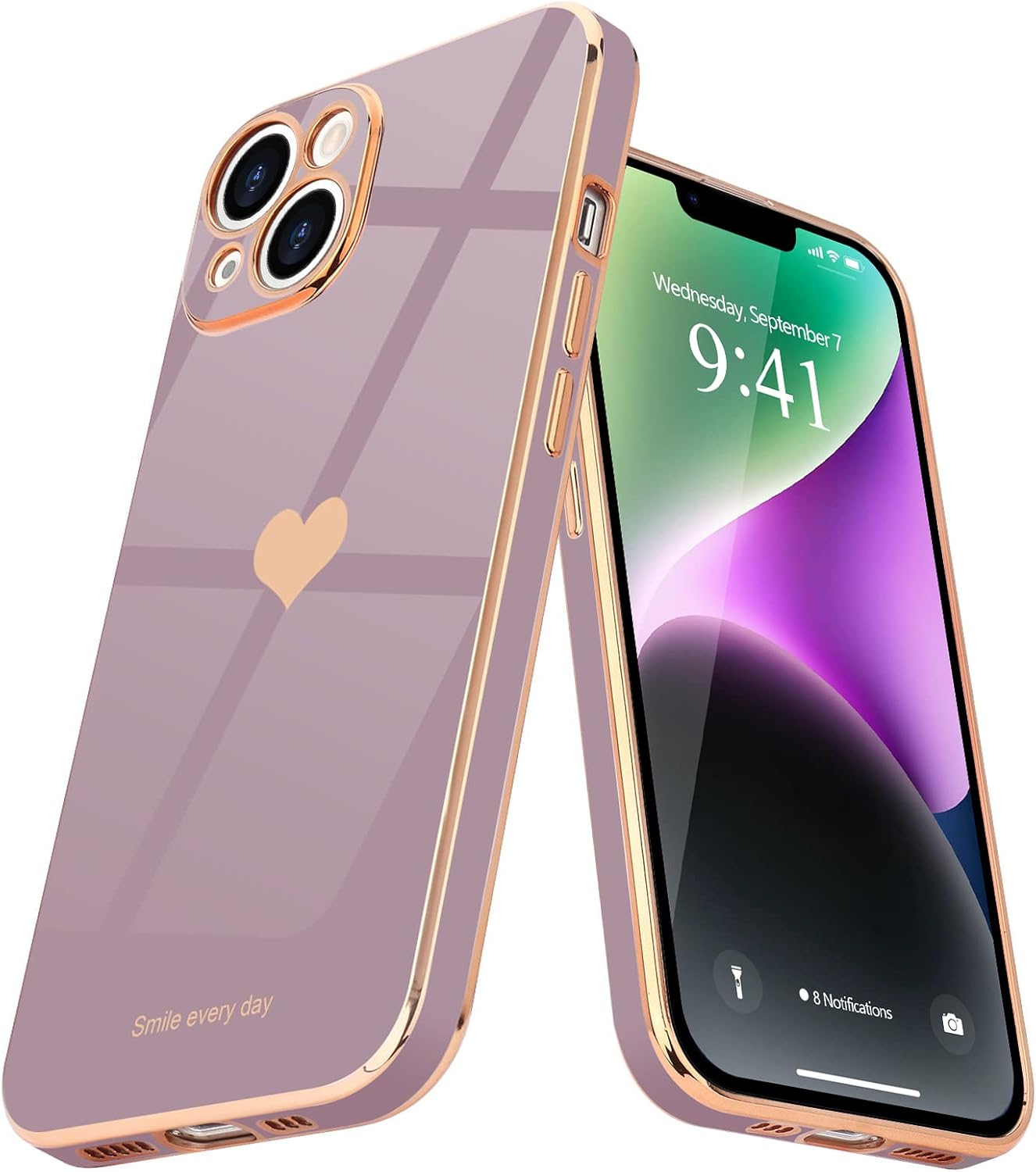 Teageo for iPhone 14 Case for Women Girl Cute Love Heart Luxury Electroplate Plating Soft Bling Back Cover Raised Full Camera Protection Bumper Silicone Shockproof Phone Case for iPhone 14, Lavender