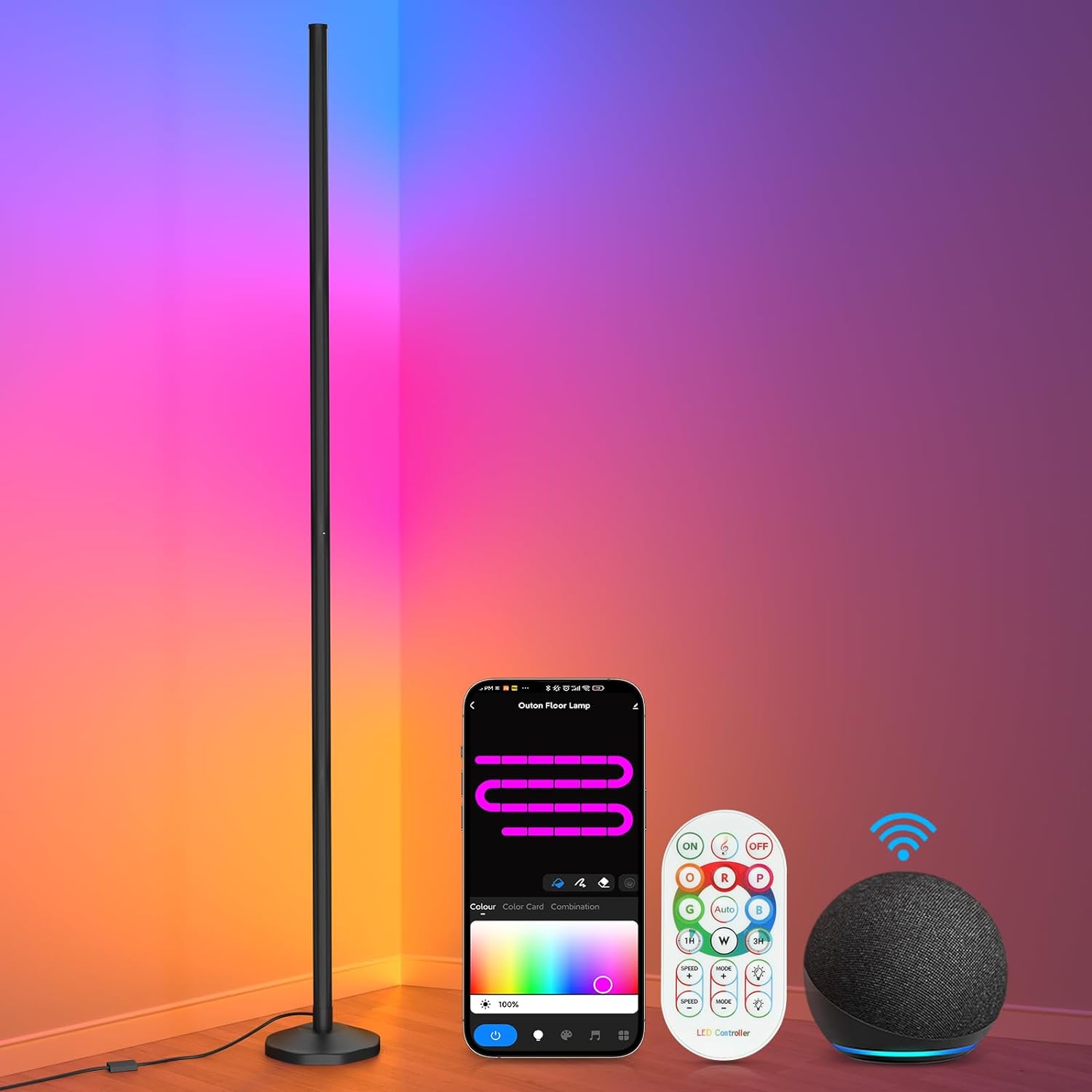 OUTON Smart LED Floor Lamp RGB, Color Changing Corner Lamp, Wi-Fi APP Remote Control, Alexa & Google Home Voice Control, 16 Million DIY Colors, Music Sync, Standing Lamp for Living Room Bedroom Gaming