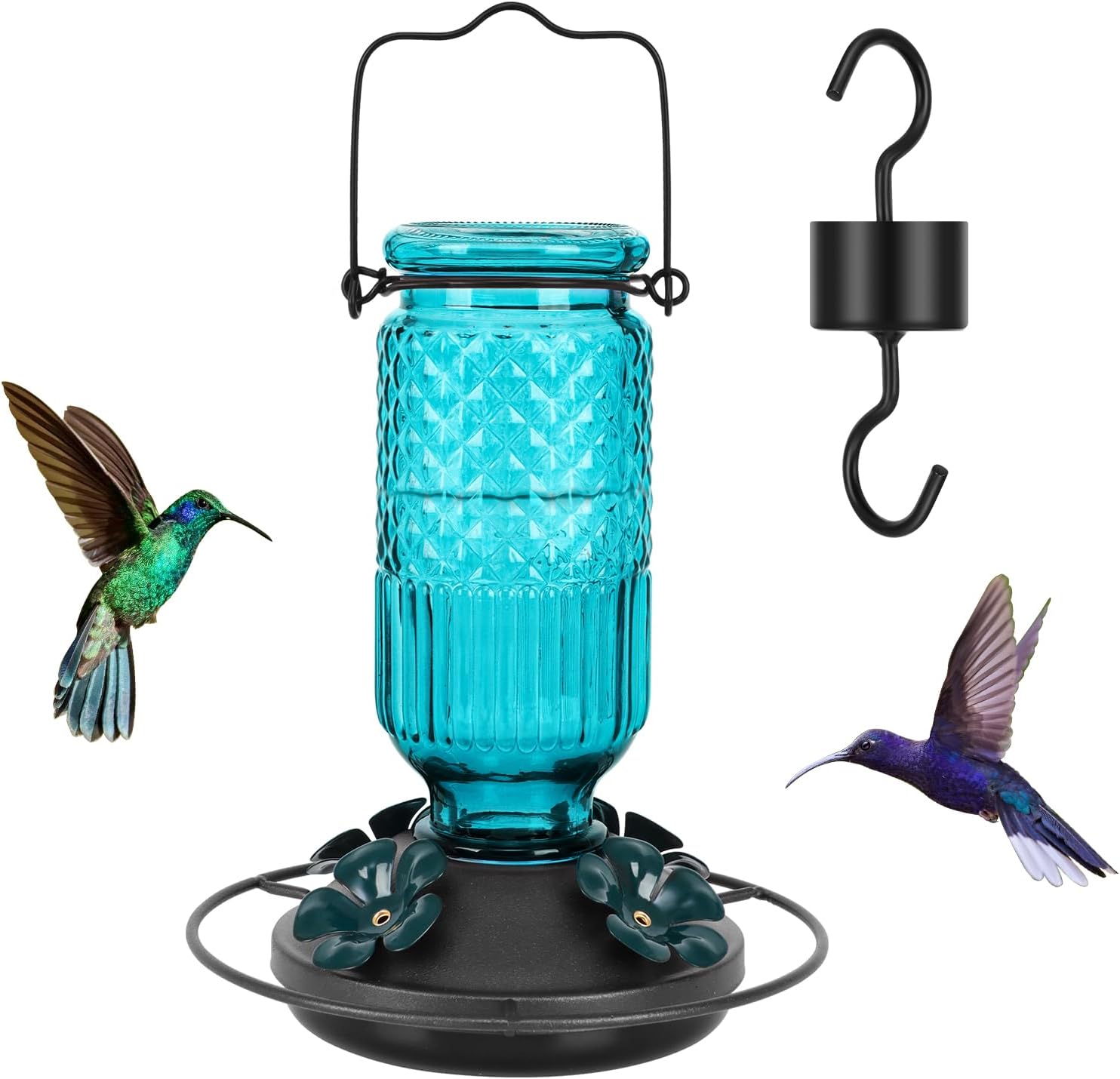 FEED GARDEN Glass Hummingbird Feeder for Outdoors Hanging, 16 OZ Humming Birds Feeders with 4 Bee Guard Feeding Ports & Built-in Ant Moat, Bird Feeder for Outside, Blue