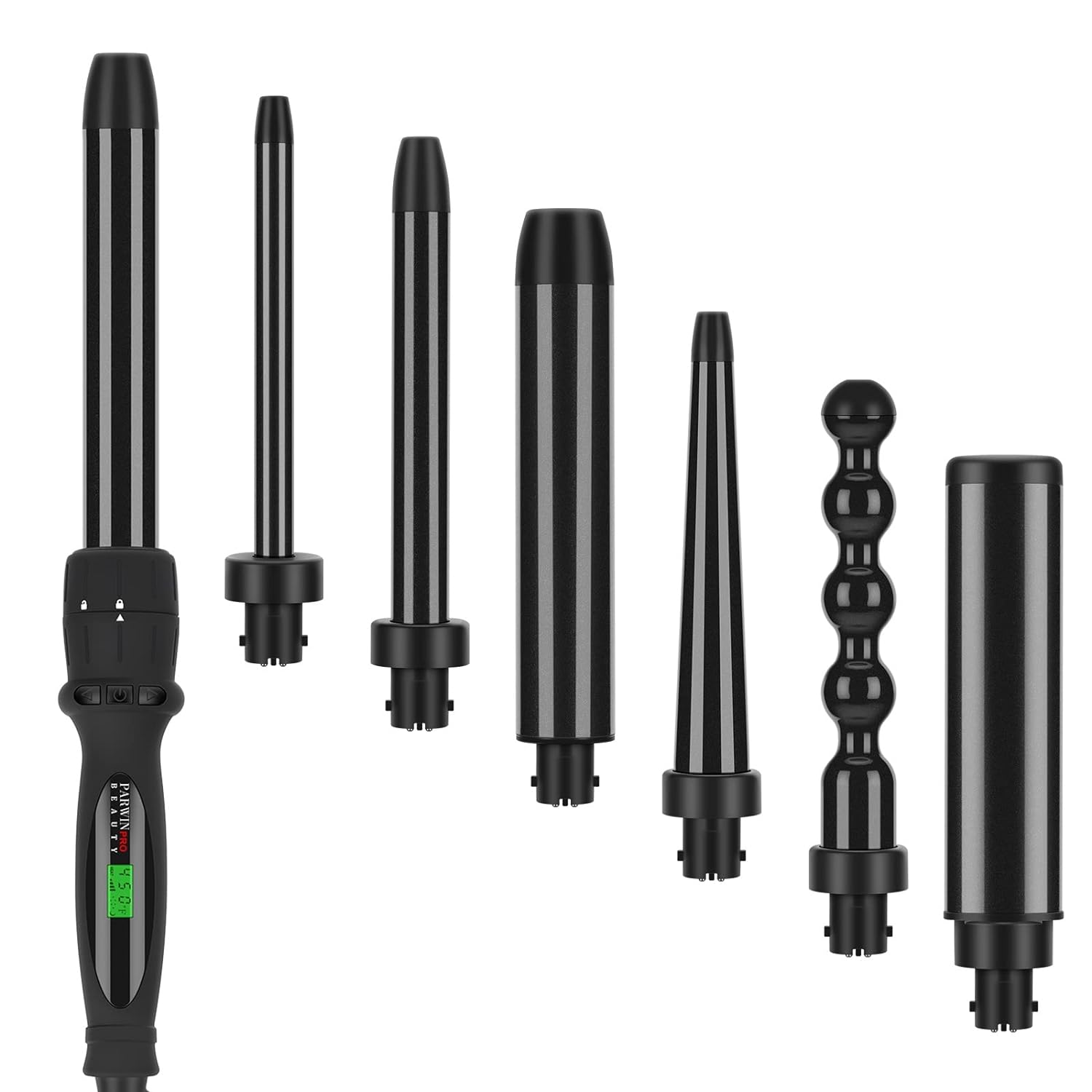 PARWIN PRO BEAUTY 7 in 1 Curling Iron Wand Set,Dual Voltage Curling Wand with 7 Interchangeable Diamond Ceramic Hair Curler Wands with LCD Temperature Control Auto Shut Off Black