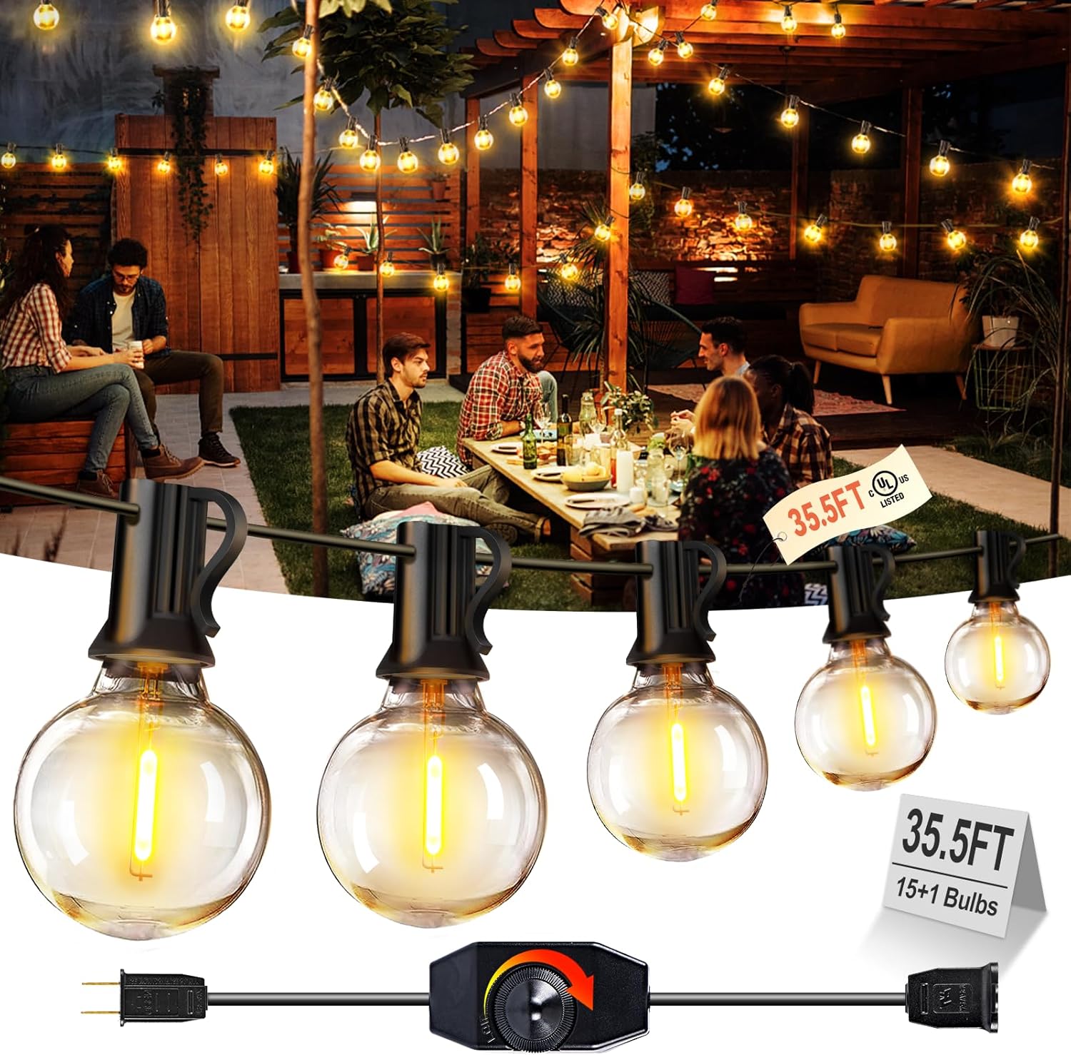 XURISEN Outdoor String Lights with Dimmer, 35.5FT LED Patio Lights for Outside 15+1 Shatterproof G40 Globe Bulbs UL Listed IP65 Waterproof Hanging Lighting for Backyard Balcony Bistro Party Decor