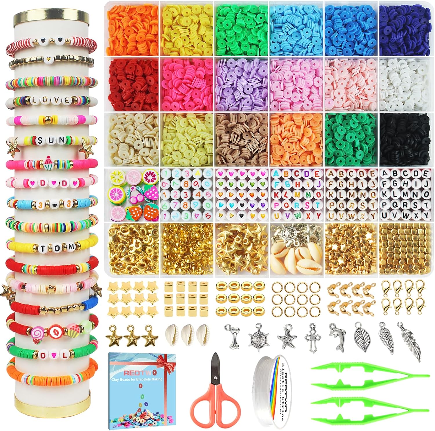 Redtwo 5100 Clay Beads Bracelet Making Kit, Flat Preppy Beads for Friendship Jewelry Making,Polymer Heishi Beads with Charms Gifts for Teen Girls Crafts for Girls Ages 8-12