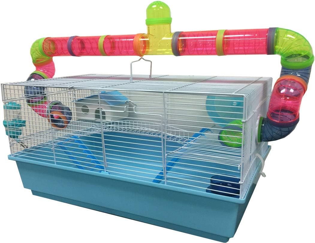 Extra Large 23" Habitat Hamster Rodent Gerbil Mouse Mice Rat Wire Cage Long Crossing Tube & Deep Tray Expandable and Customizable Hide House Excerise Running Wheel Water Bottle Food Dish