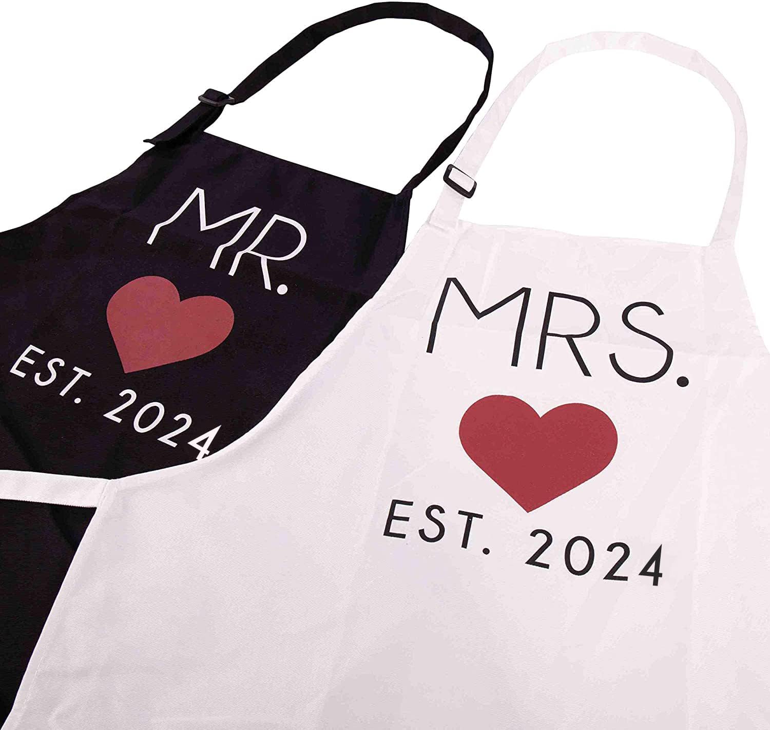 GSM Brands Mr. and Mrs. Couples Kitchen Aprons (2-Piece Set) Cute Cooking Bibs for Newlyweds