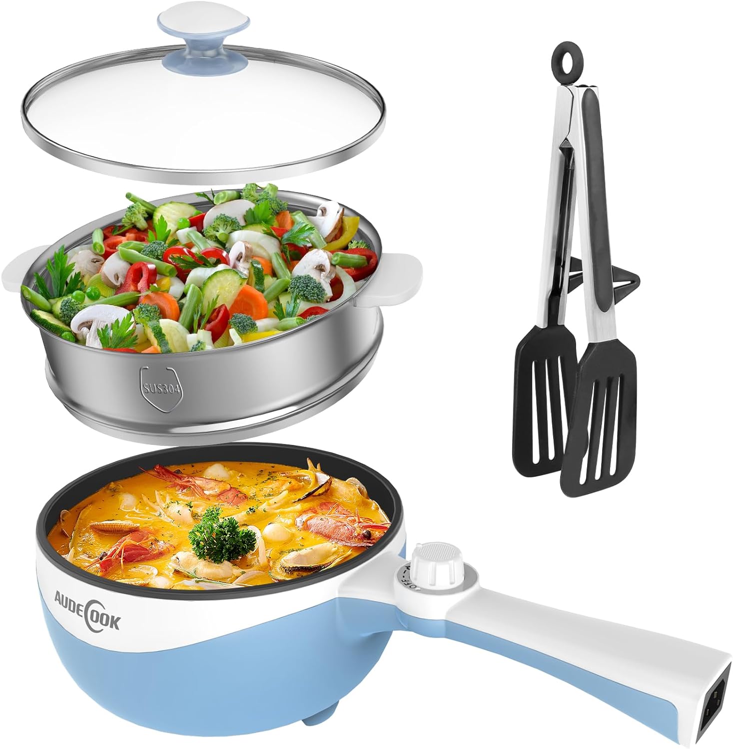 Audecook Hot Pot Electric with Steamer, 1.7L Mini Electric Skillet Portable Nonstick Sauté Pan with Power Adjustment, Rapid Ramen Cooker Travel Multicooker for Steak/Soup/Egg/Oatmeal/Noodles(Blue