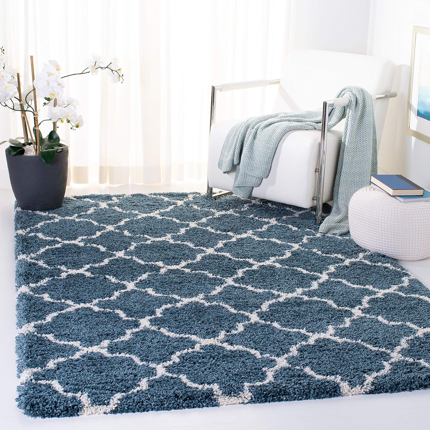 SAFAVIEH Hudson Shag Collection Area Rug - 6' x 9', Slate Blue & Ivory, Moroccan Trellis Design, Non-Shedding & Easy Care, 2-inch Thick Ideal for High Traffic Areas in Living Room, Bedroom (SGH282L)