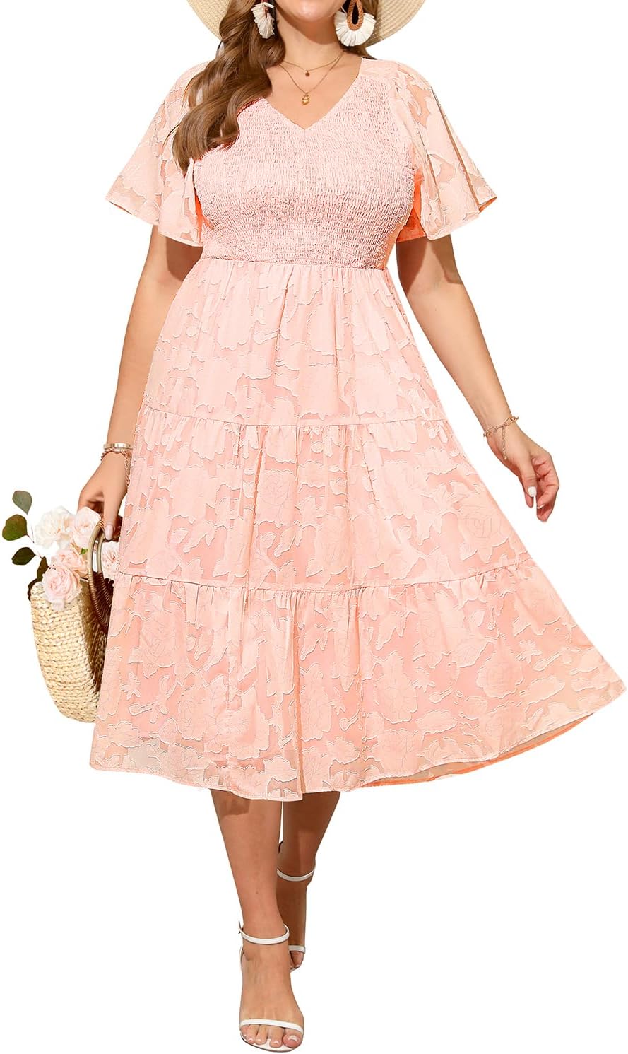 Pinup Fashion Plus Size Summer Casual V Neck Flutter Sleeve Floral Lace Smocked Flowy Tiered Midi Dresses 2024